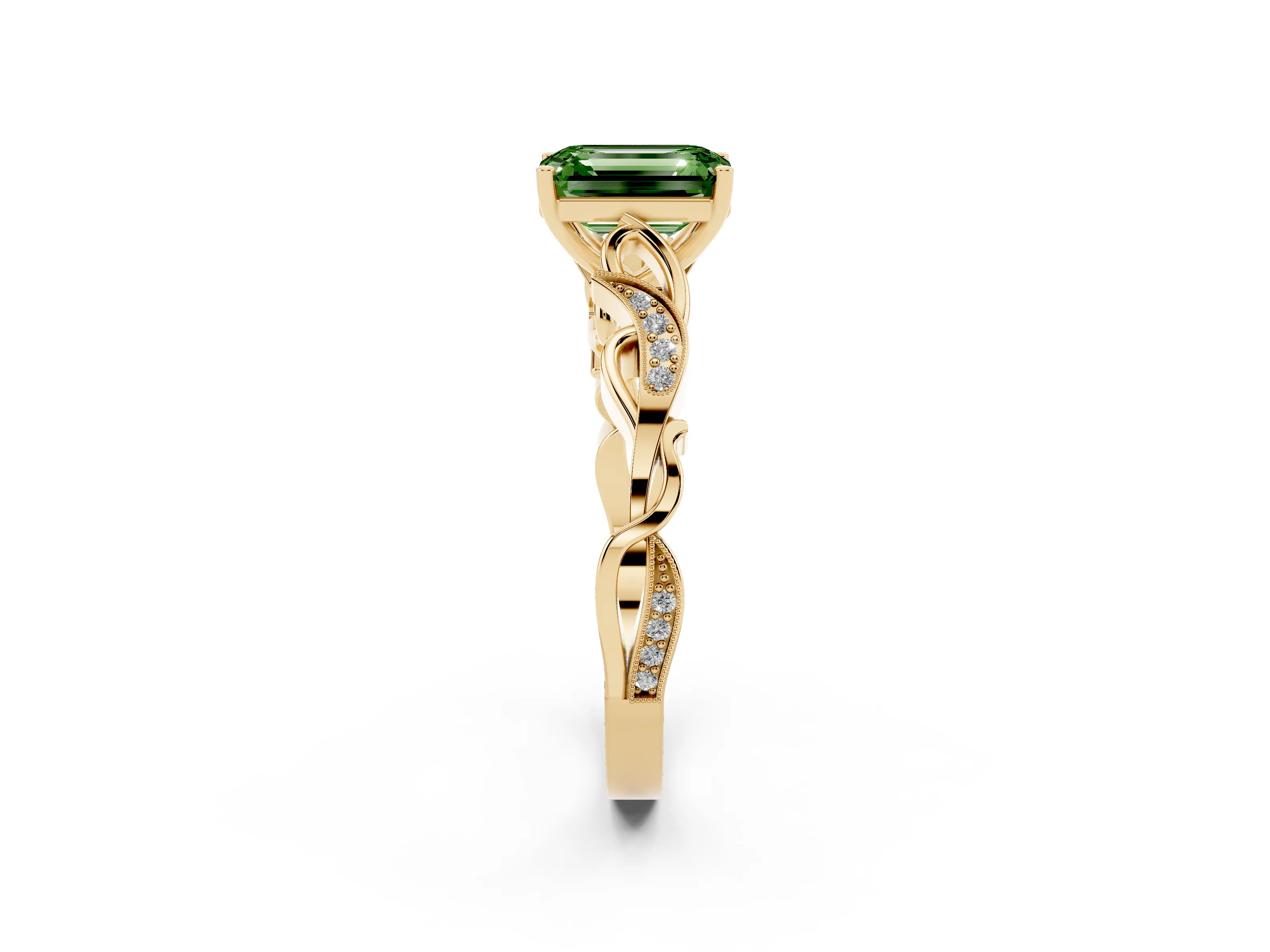 Fancy Green Emerald Cut Diamond Vine Band Solitaire Ring Set in Yellow gold with Milgrain Prong Setting