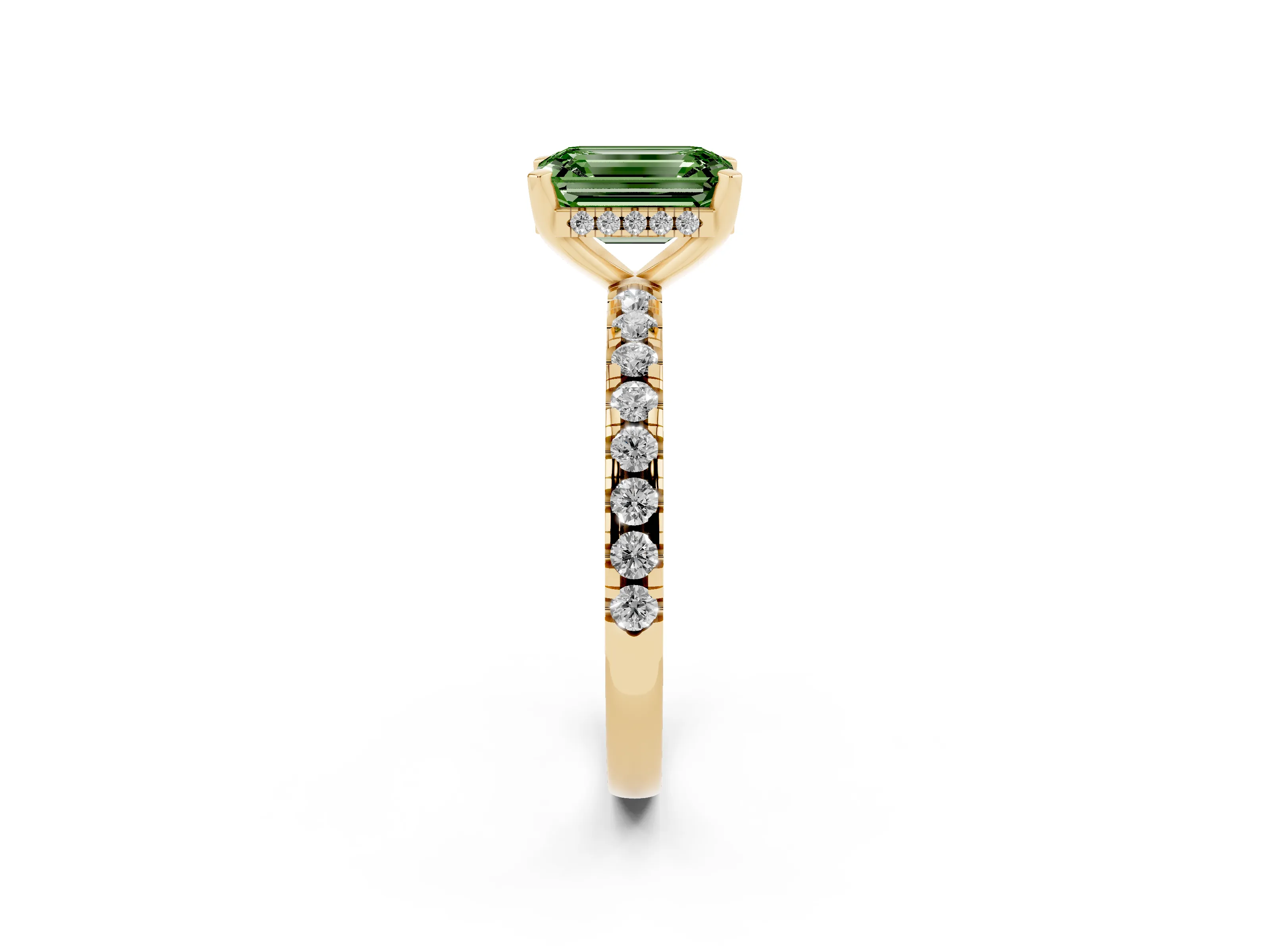 Fancy Green Emerald Cut Diamond Pavé Solitaire Ring Set in Yellow gold with Round Band Accents and Prong Setting
