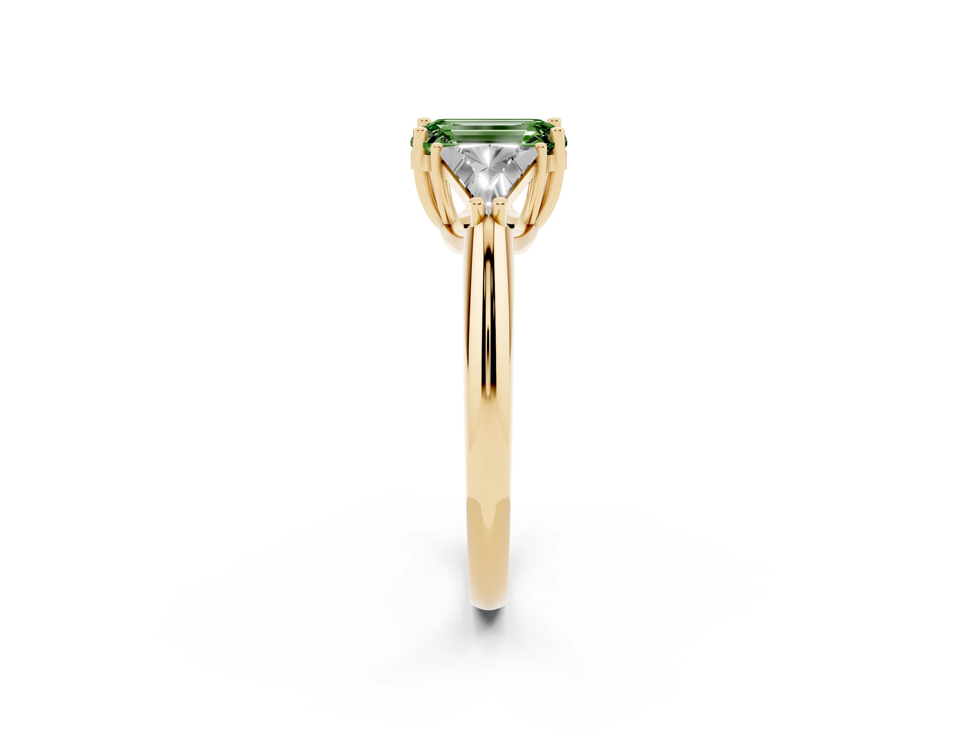 Fancy Green Emerald Cut Diamond Three-Stone Engagement Ring Set in Yellow gold with Trillion Side Stones