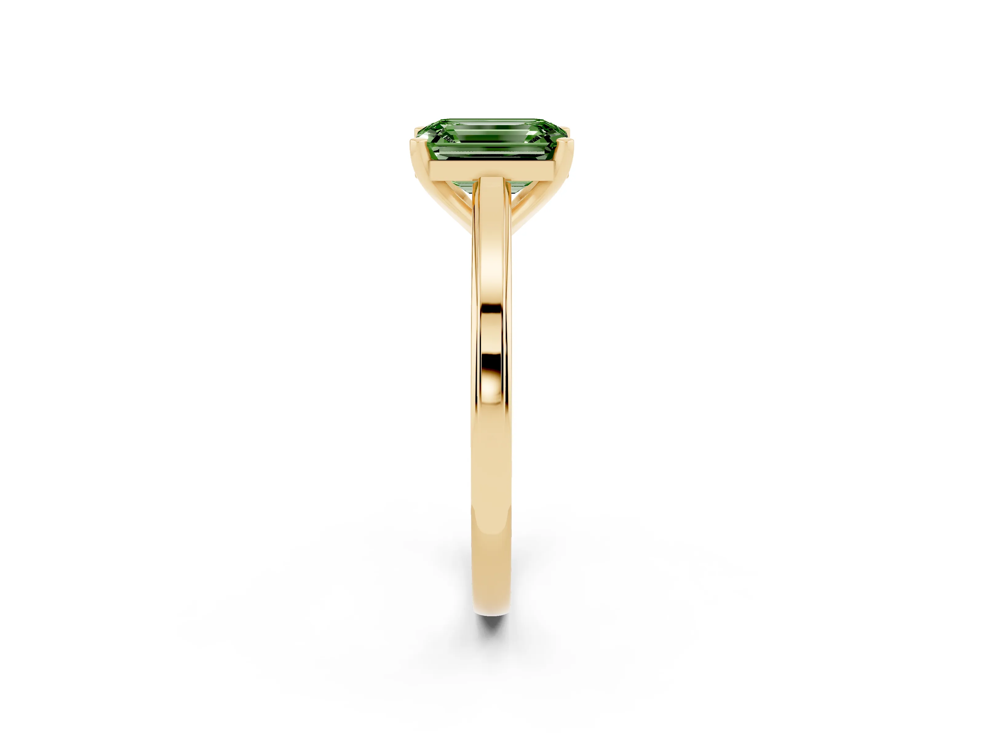 Fancy Green Emerald Cut Diamond Solitaire Ring Set in Yellow gold with Prong Setting and Classic Band