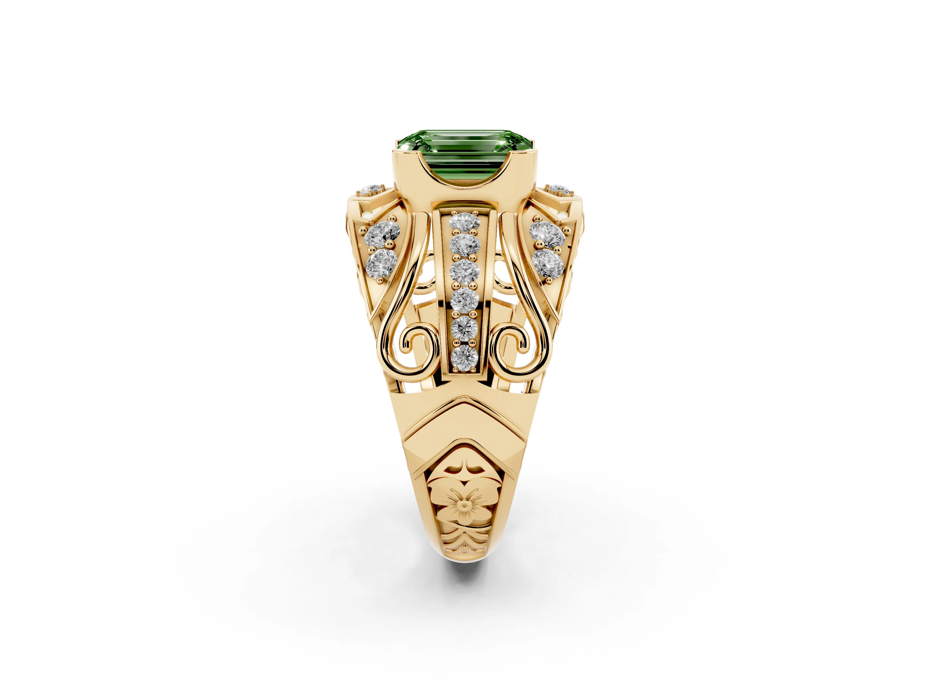 Fancy Green Emerald Cut Diamond Art Deco Ring Set in Yellow gold with Pavé Split Shank