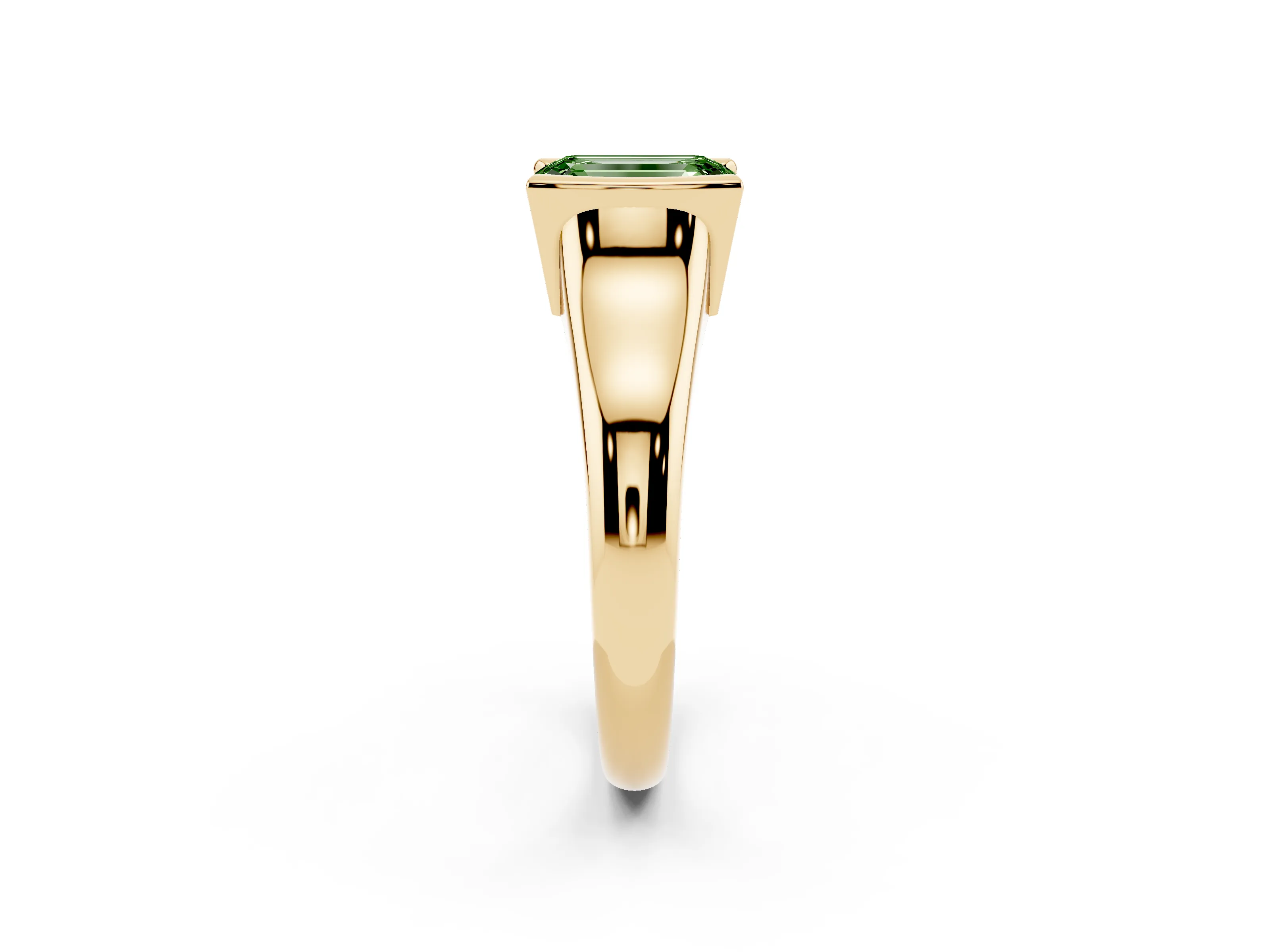 Fancy Green Emerald Cut Diamond Solitaire Tension Set Ring Set in Yellow gold with Split Shank Band