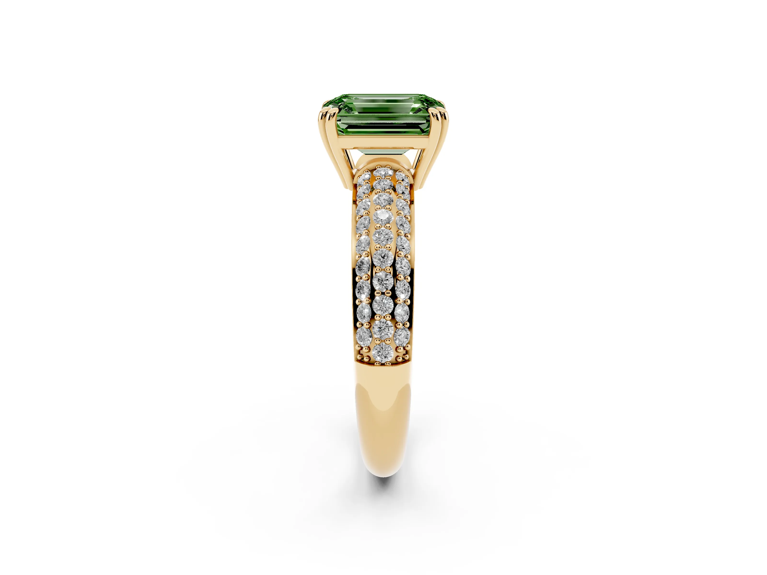 Fancy Green Emerald Cut Diamond Solitaire Ring Set in Yellow gold with Multi-Row Round Pavé Band and Prong Setting