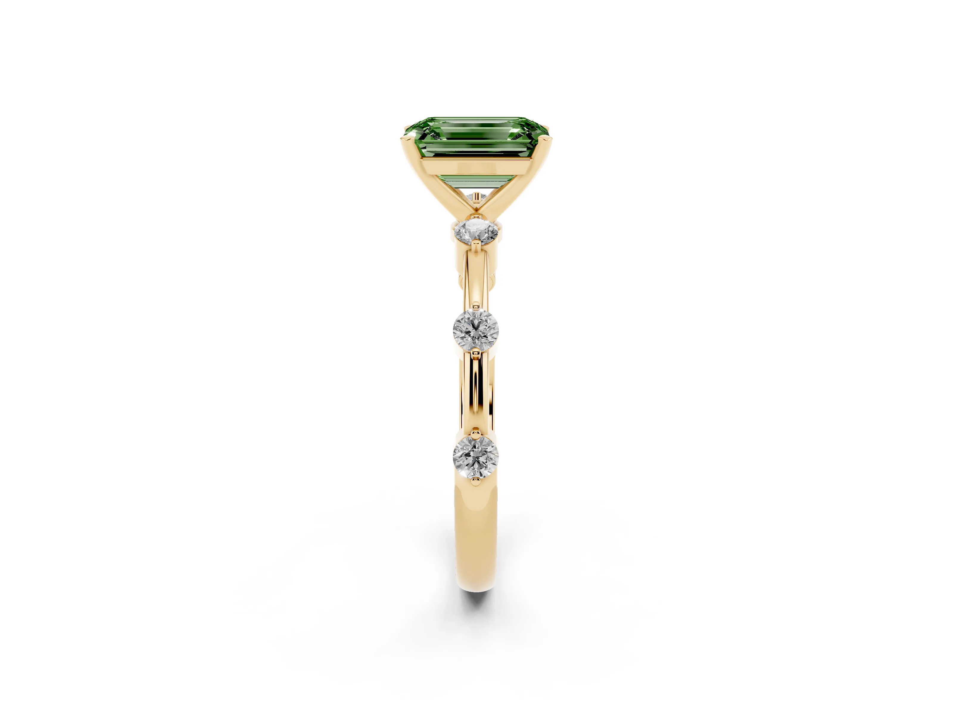 Fancy Green Emerald Cut Diamond Solitaire Ring Set in Yellow gold with Bezel Set Side Stones and Prong Setting