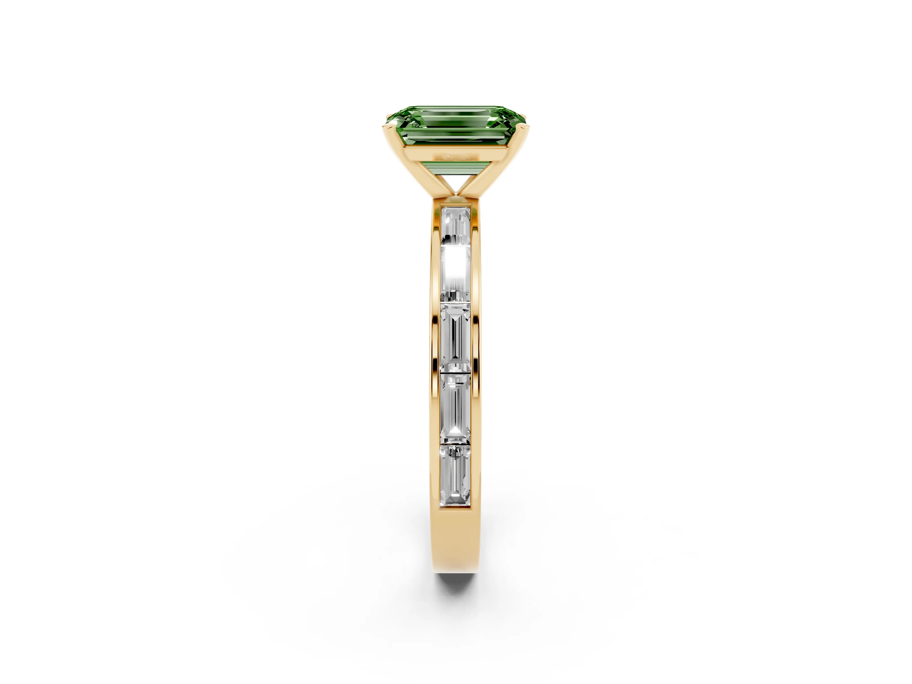 Fancy Green Emerald Cut Diamond Solitaire Ring Set in Yellow gold with Channel-Set Baguette Band and Prong Setting