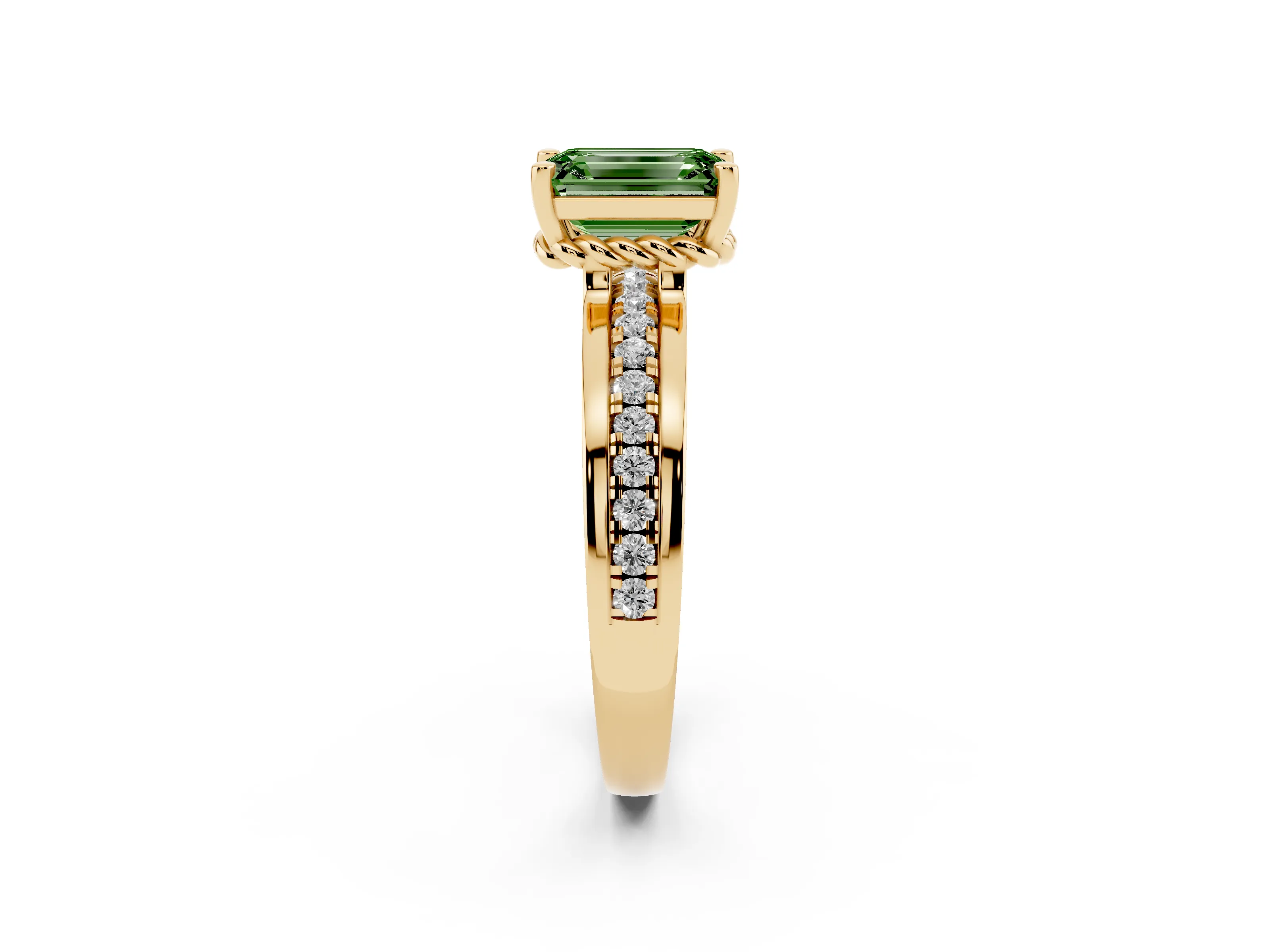 Fancy Green Emerald Cut Diamond Solitaire Ring Set in Yellow gold with Channel Set Band and Prong Setting