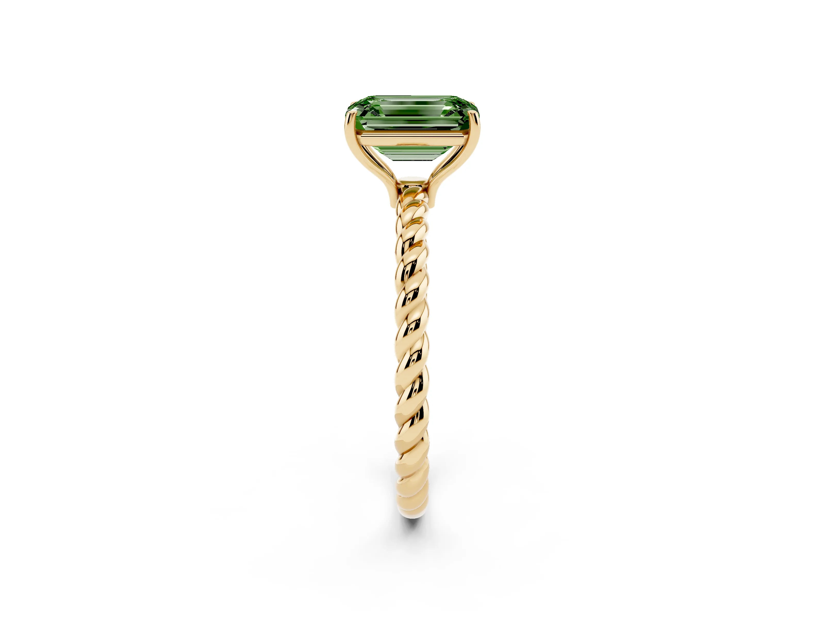 Fancy Green Emerald Cut Diamond Solitaire Ring Set in Yellow gold with Twist Band and Prong Setting