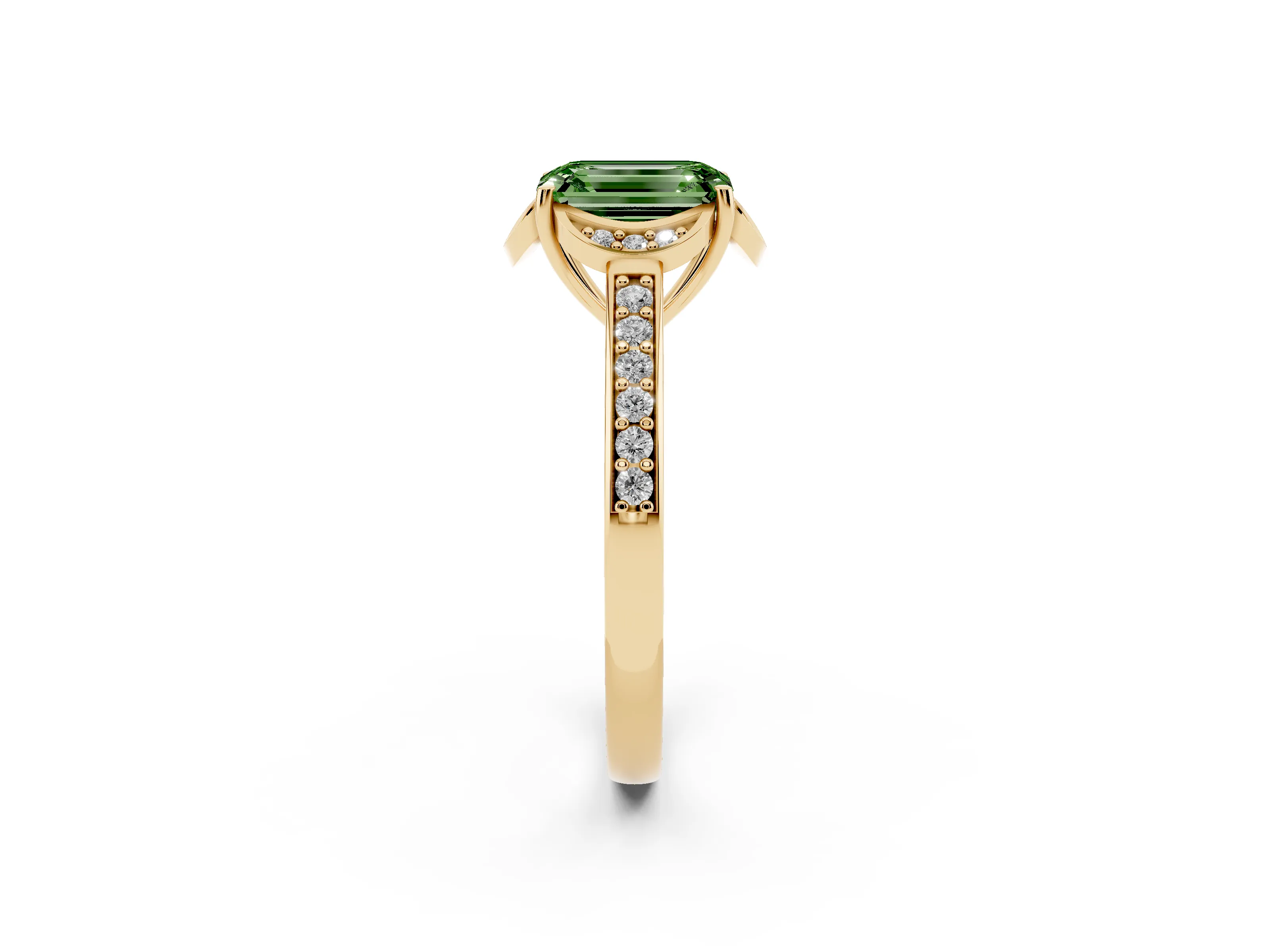 Fancy Green Emerald Cut Diamond Halo Ring Set in Yellow gold with Channel Set Band and Prong Setting