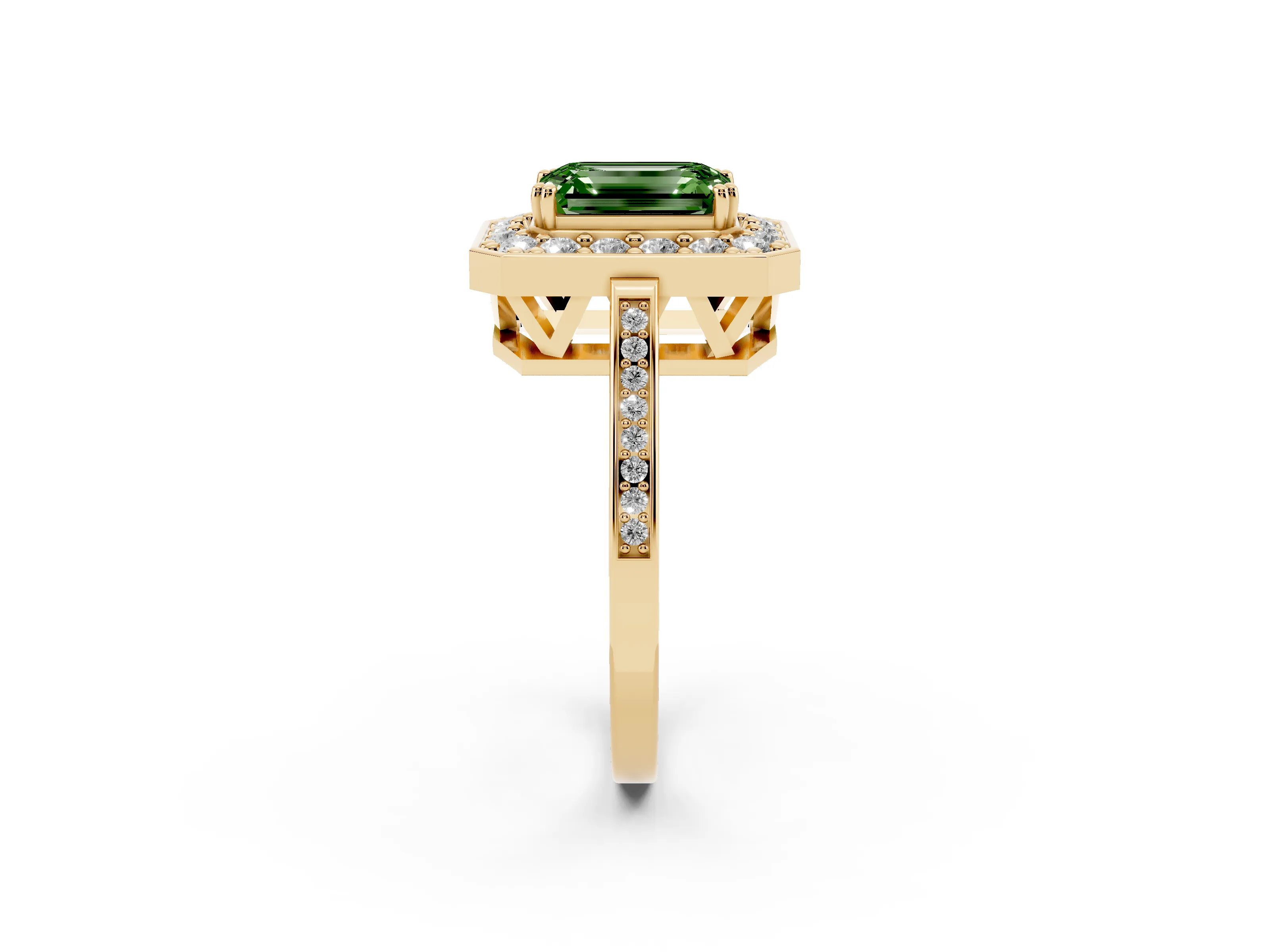 Fancy Green Emerald Cut Diamond Halo Ring Set in Yellow gold with Accent-Lined Split Shank and Prong Setting