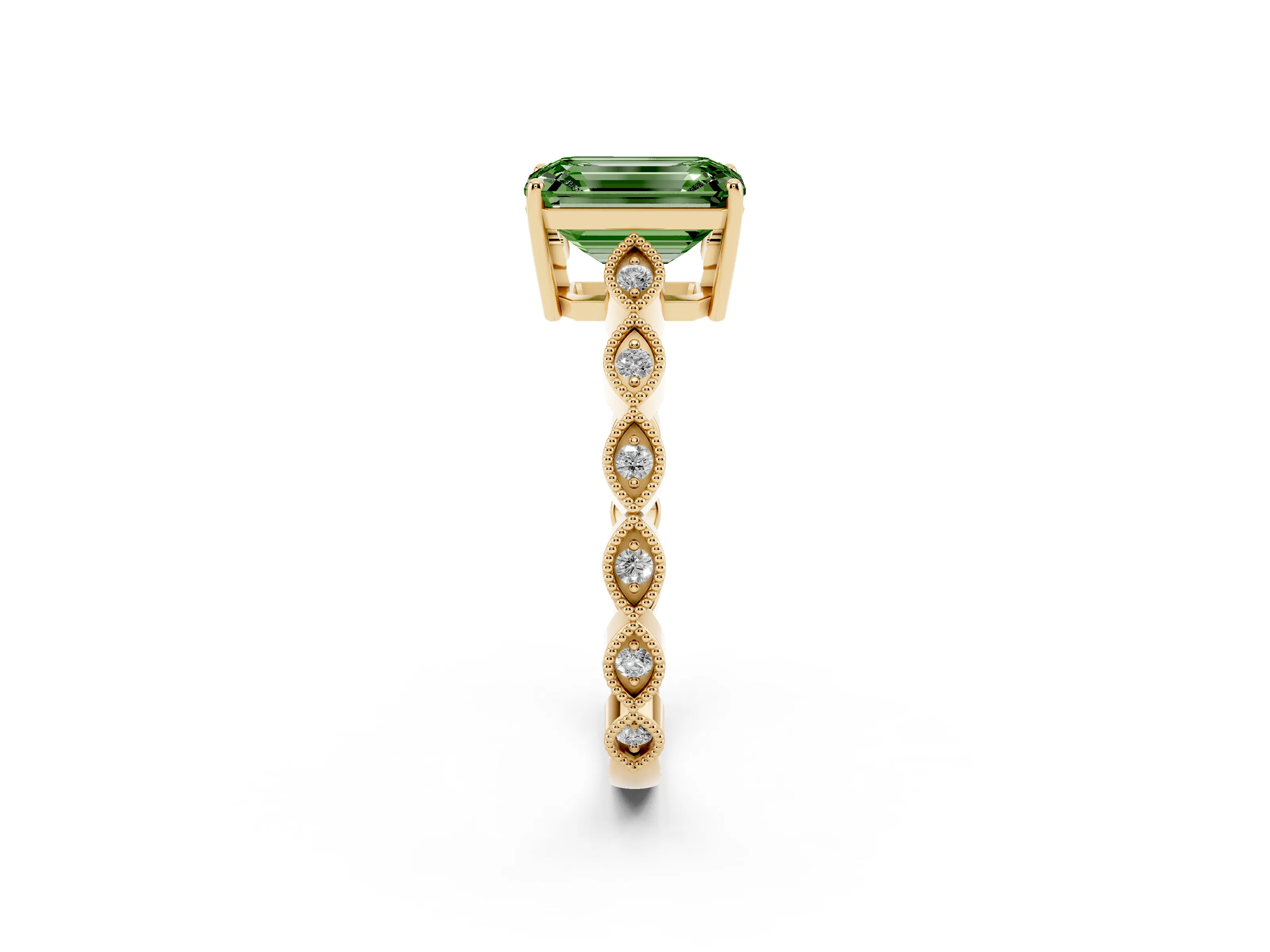 Fancy Green Emerald Cut Diamond Solitaire Ring Set in Yellow gold with Infinity Twist Pavé Band