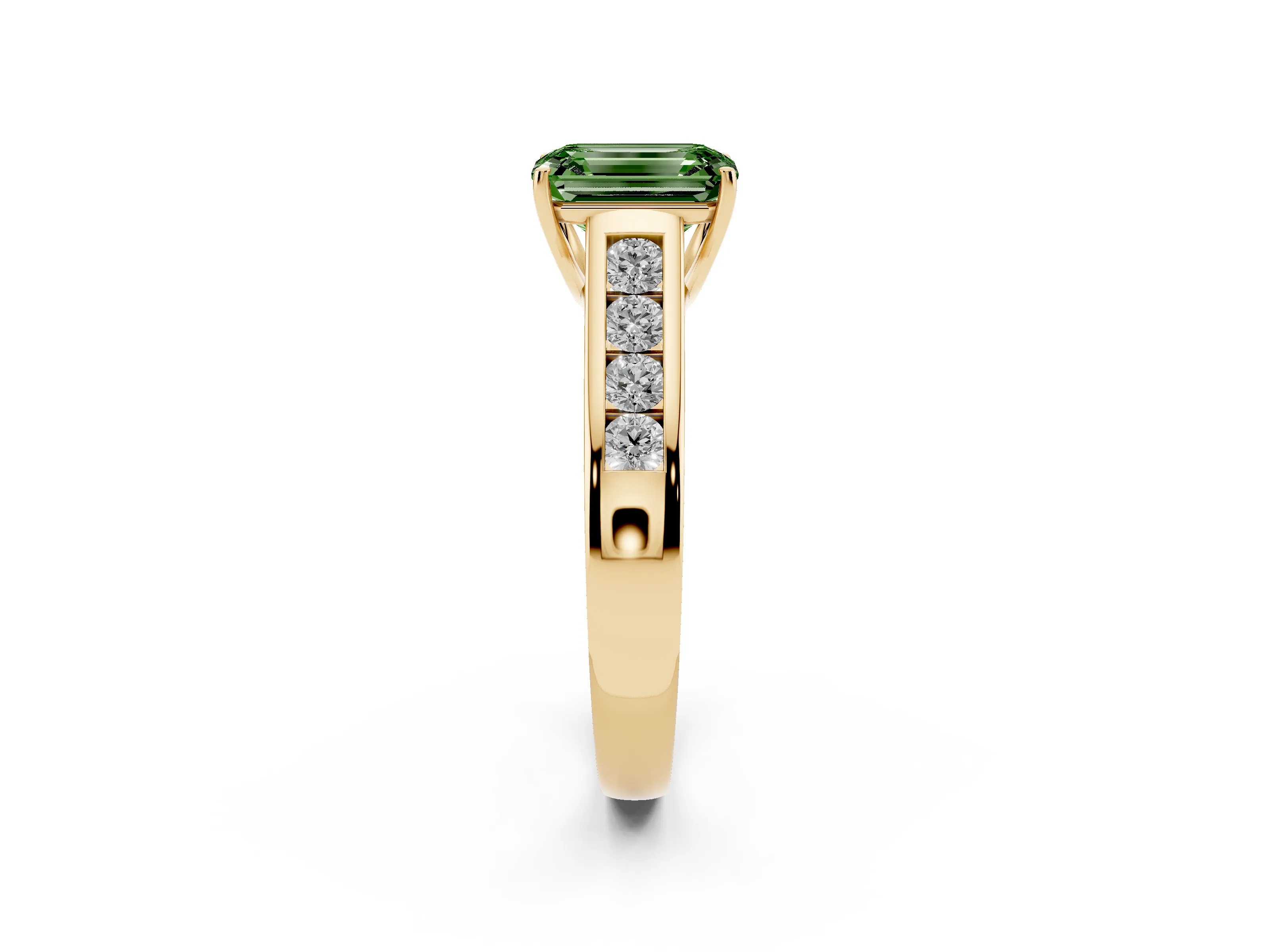 Fancy Green Emerald Cut Diamond Solitaire Channel-Set Engagement Ring Set in Yellow gold with Prong Setting