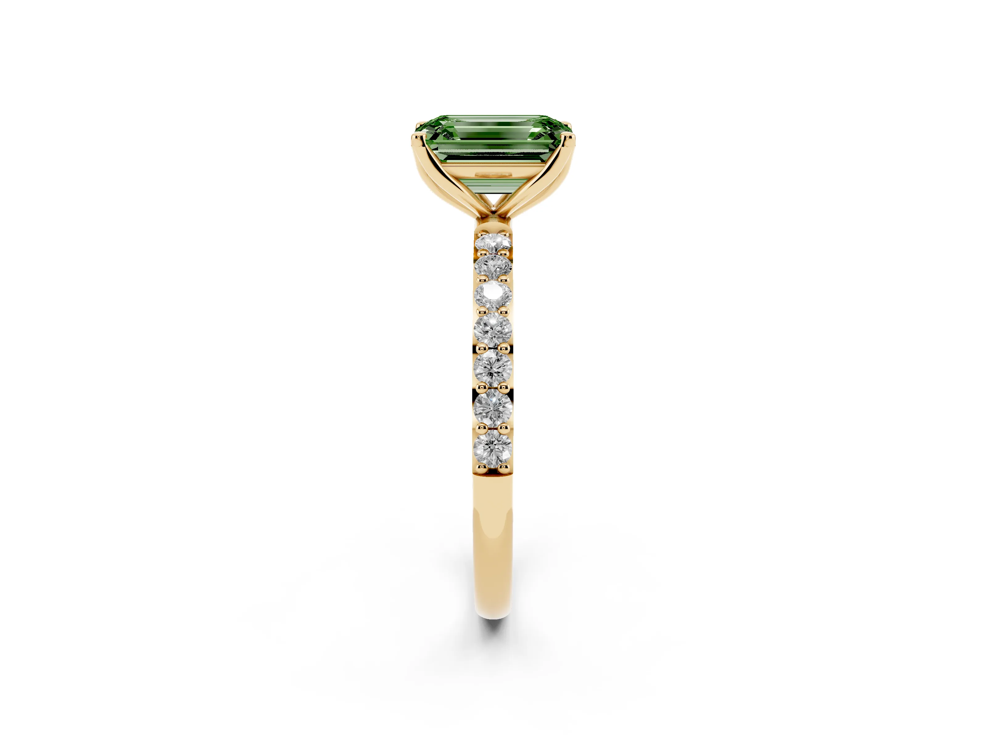 Fancy Green Emerald Cut Diamond Solitaire Engagement Ring Set in Yellow gold with Round Pavé Band and Prong Setting