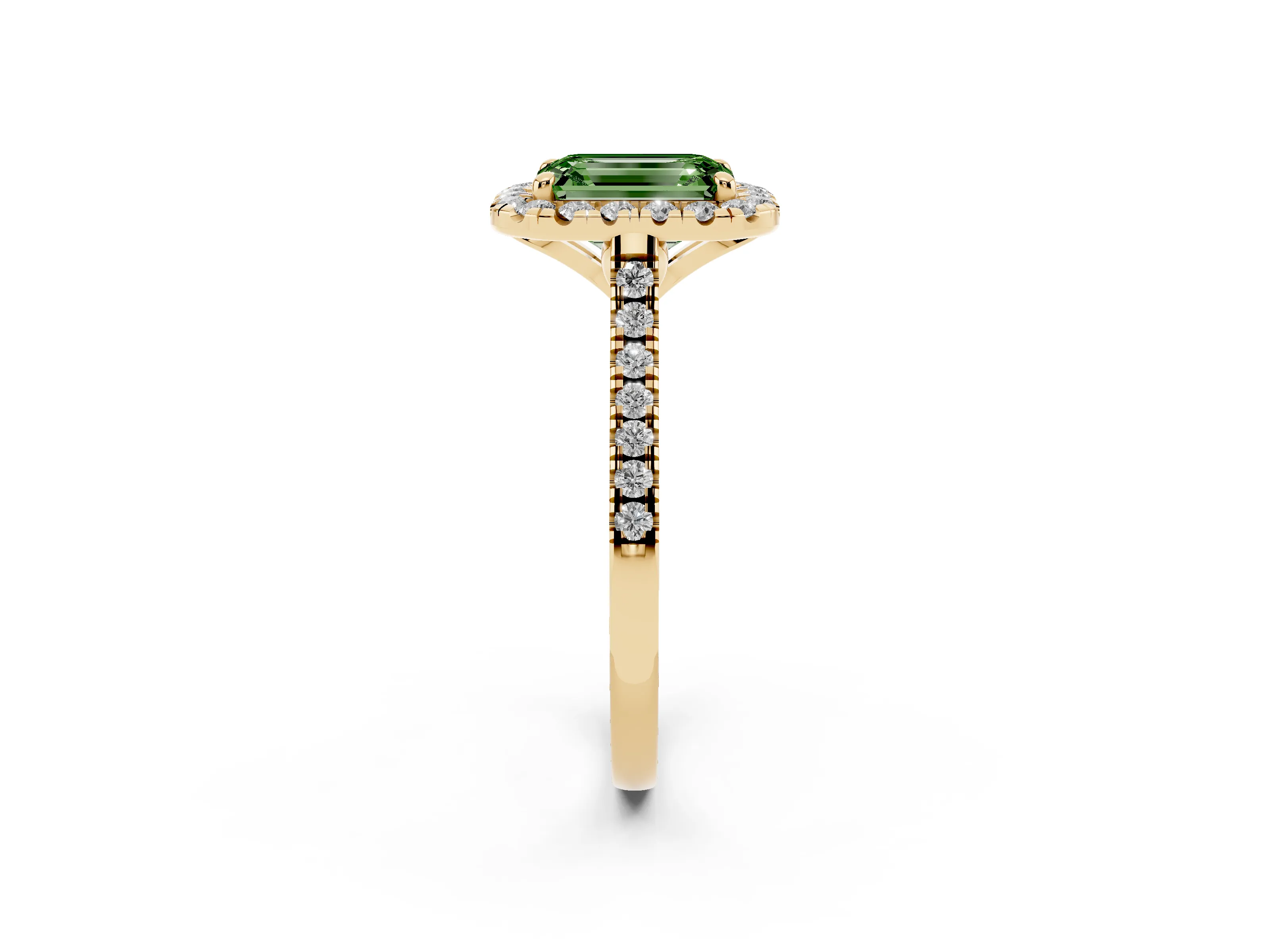 Fancy Green Emerald Cut Diamond Cushion Halo Ring Set in Yellow gold with Pavé Band