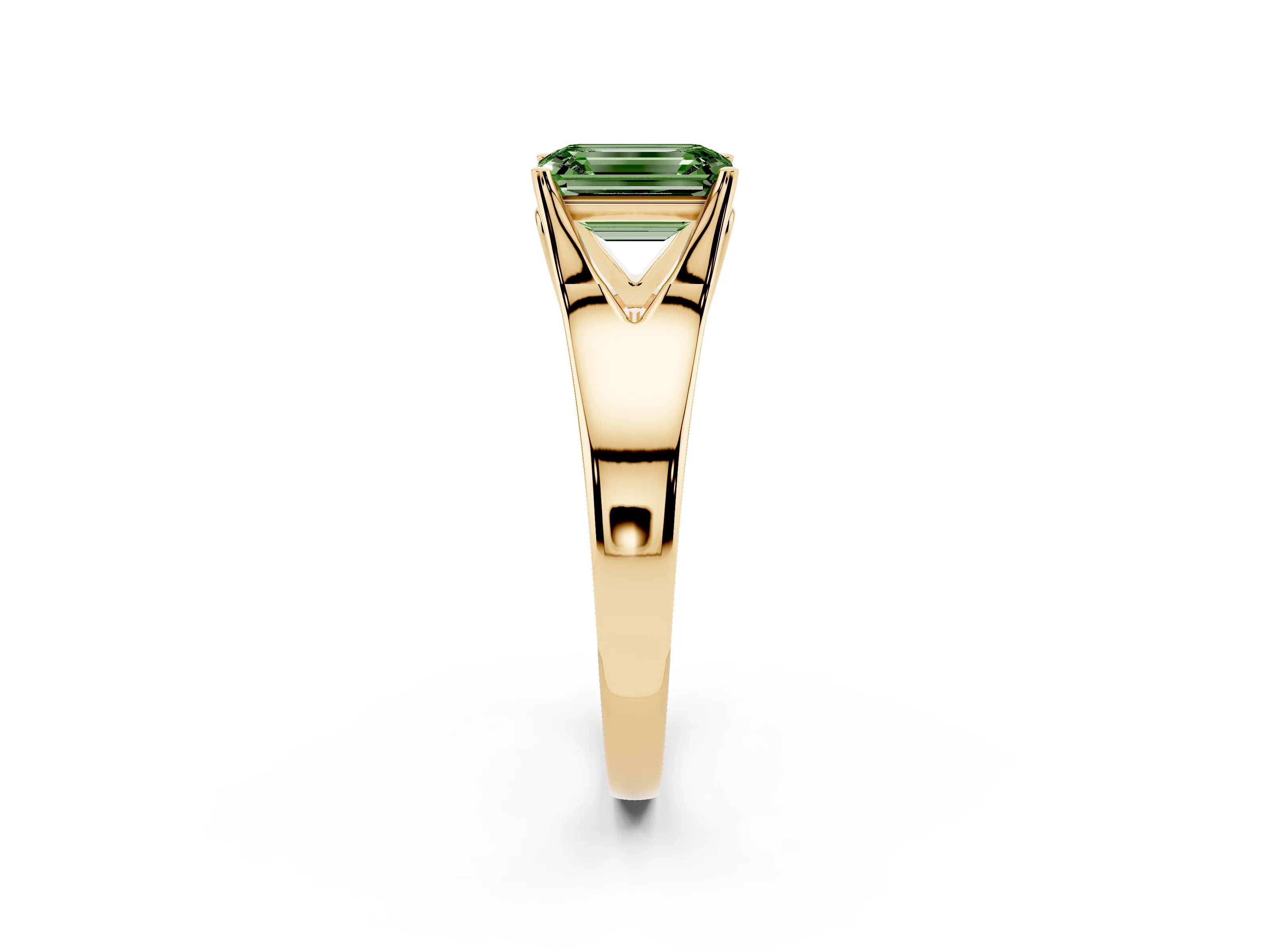 Fancy Green Emerald Cut Diamond Solitaire Ring Set in Yellow gold with Arched Cathedral Band and Prong Setting