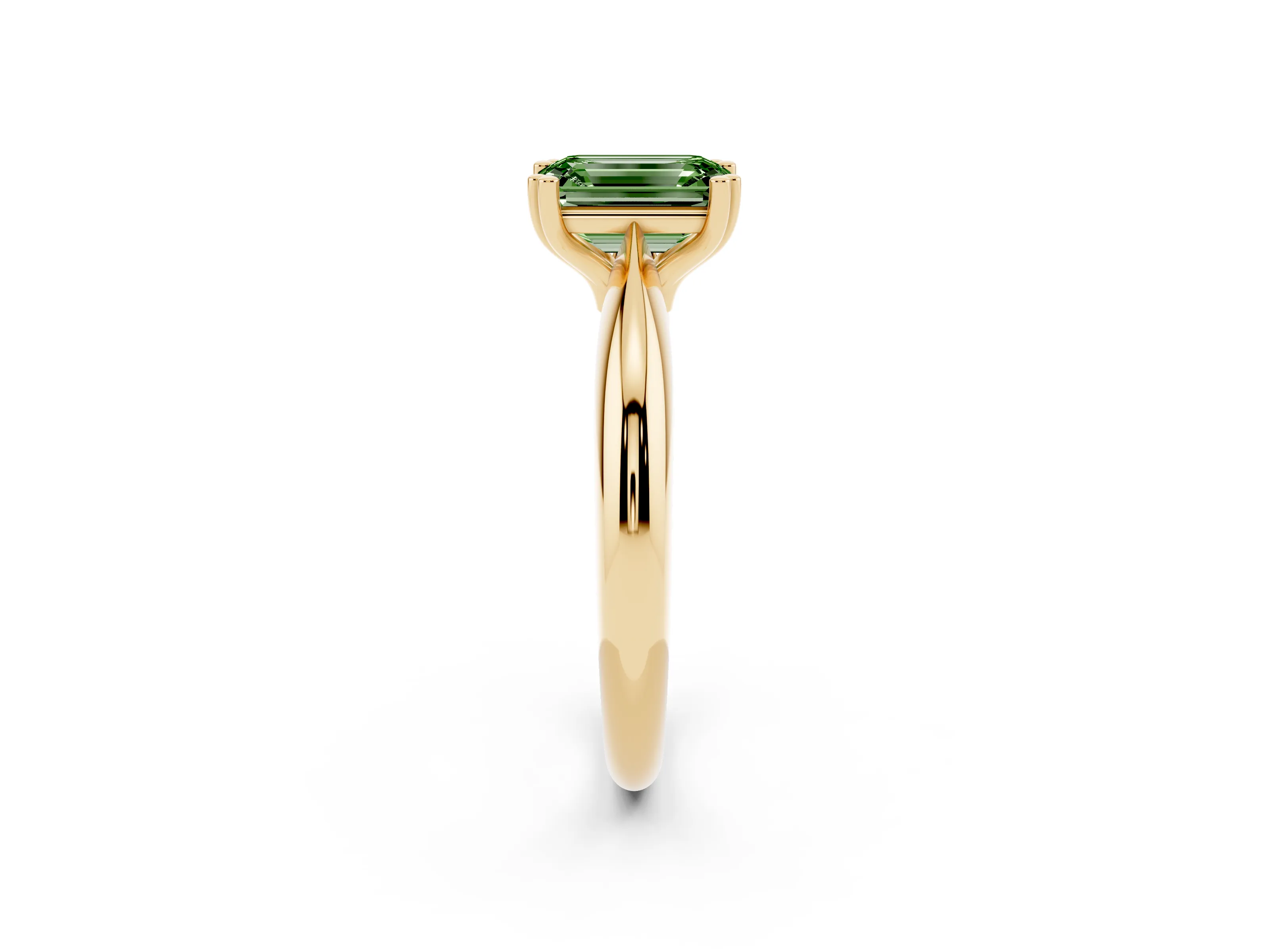 Fancy Green Emerald Cut Diamond Solitaire Engagement Ring Set in Yellow gold with Tapered Band and Prong Setting