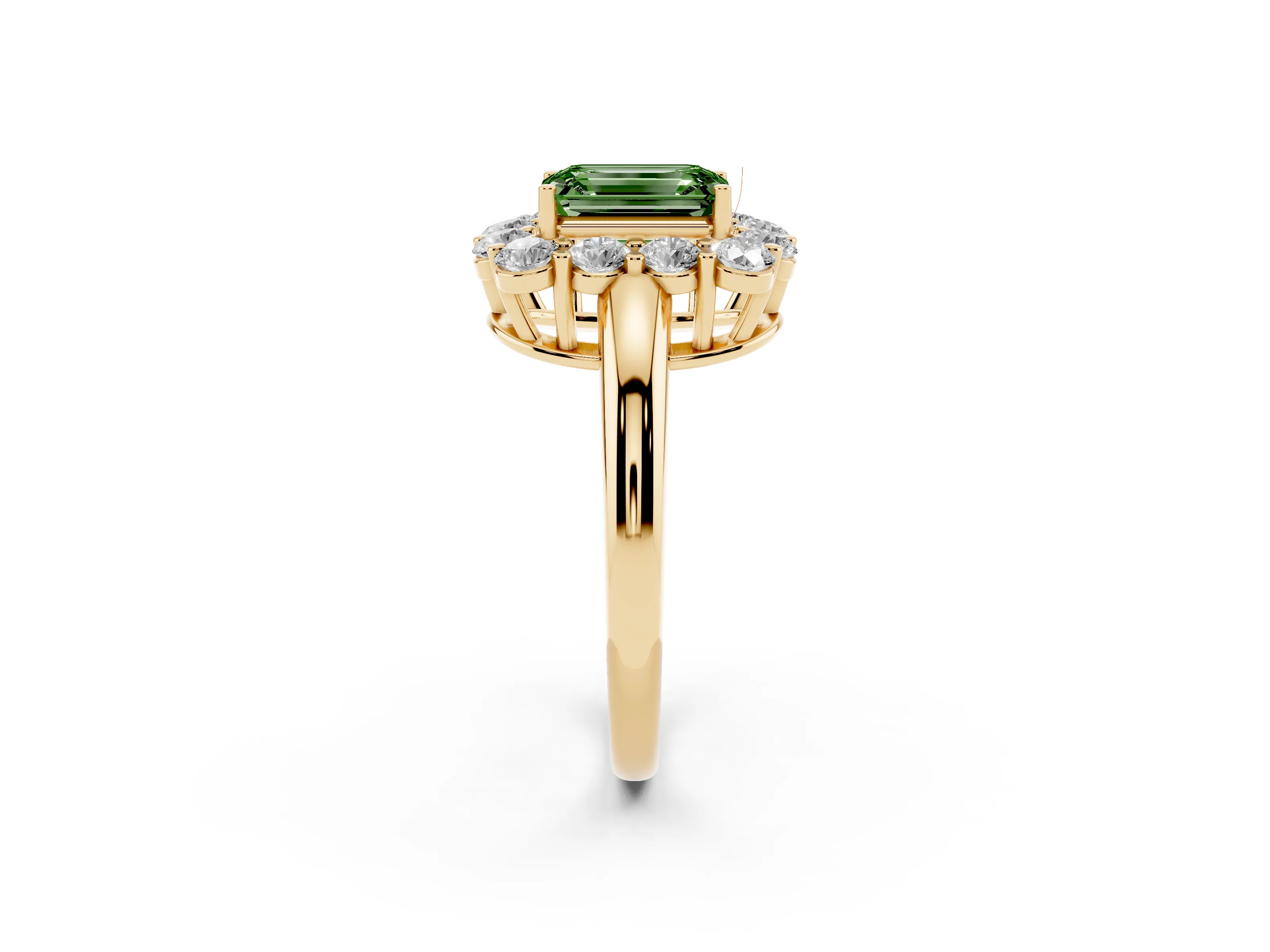 Fancy Green Emerald Cut Diamond Halo Cluster Engagement Ring Set in Yellow gold with Polished Band and Prong Setting