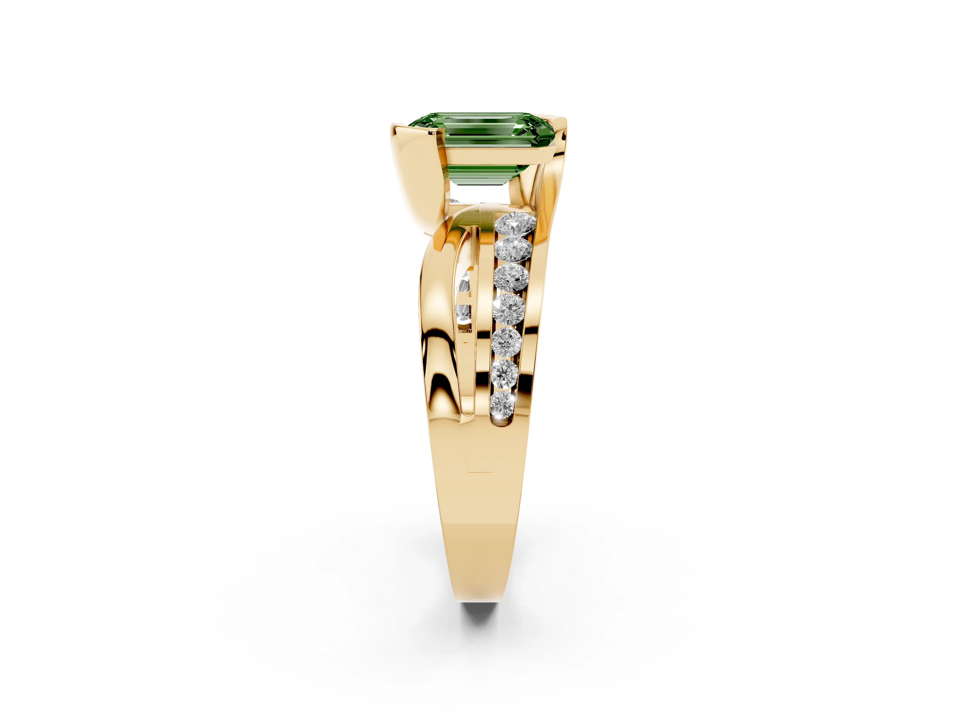 Fancy Green Emerald Cut Diamond Solitaire Ring Set in Yellow gold with Channel Set Split Shank and Tension Prongs