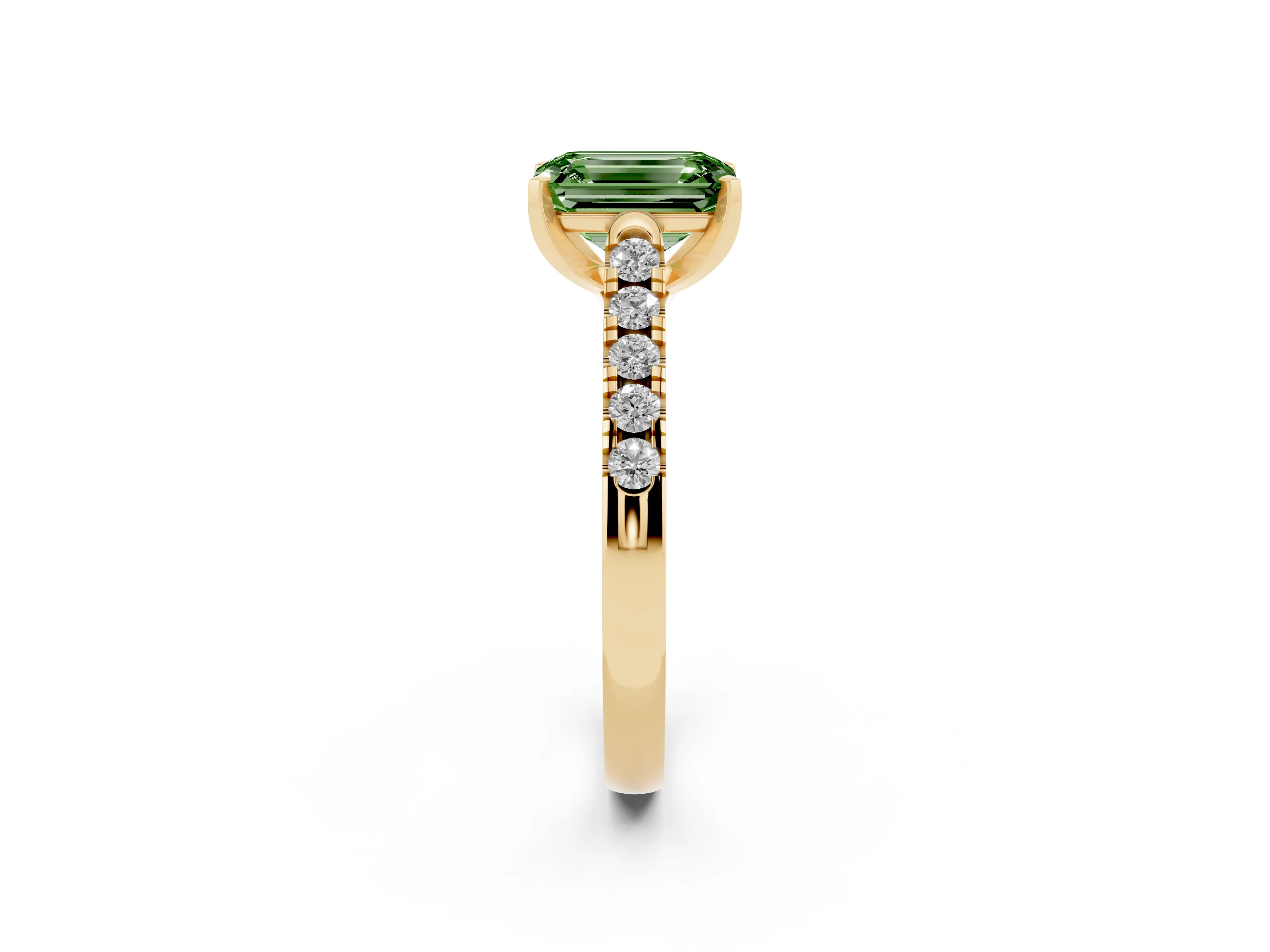 Fancy Green Emerald Cut Diamond Pavé Band Solitaire Ring Set in Yellow gold with Partway Accent Stones and Prong Setting