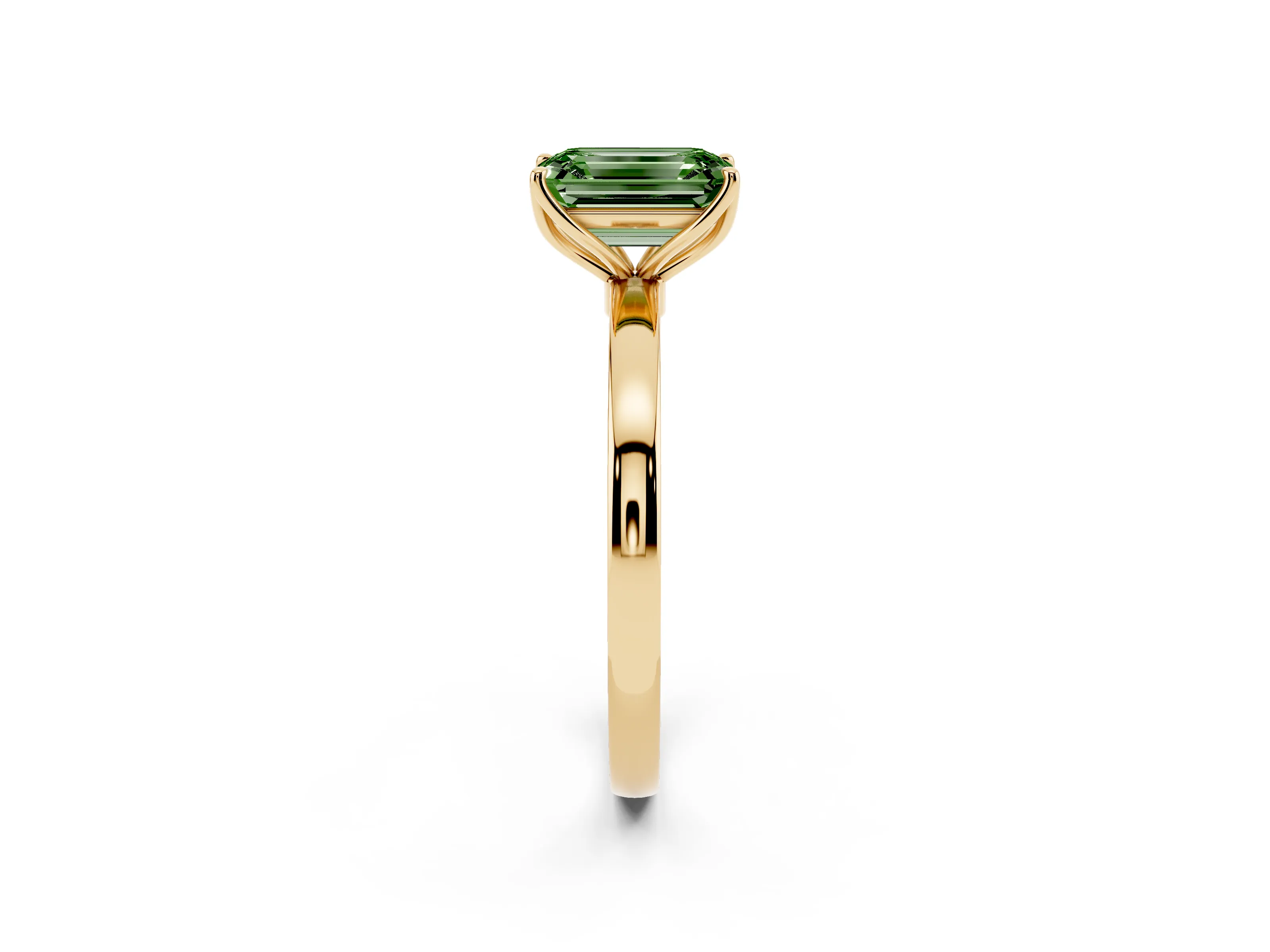 Fancy Green Emerald Cut Diamond Solitaire Ring Set in Yellow gold with Prong Setting and Thin Polished Band