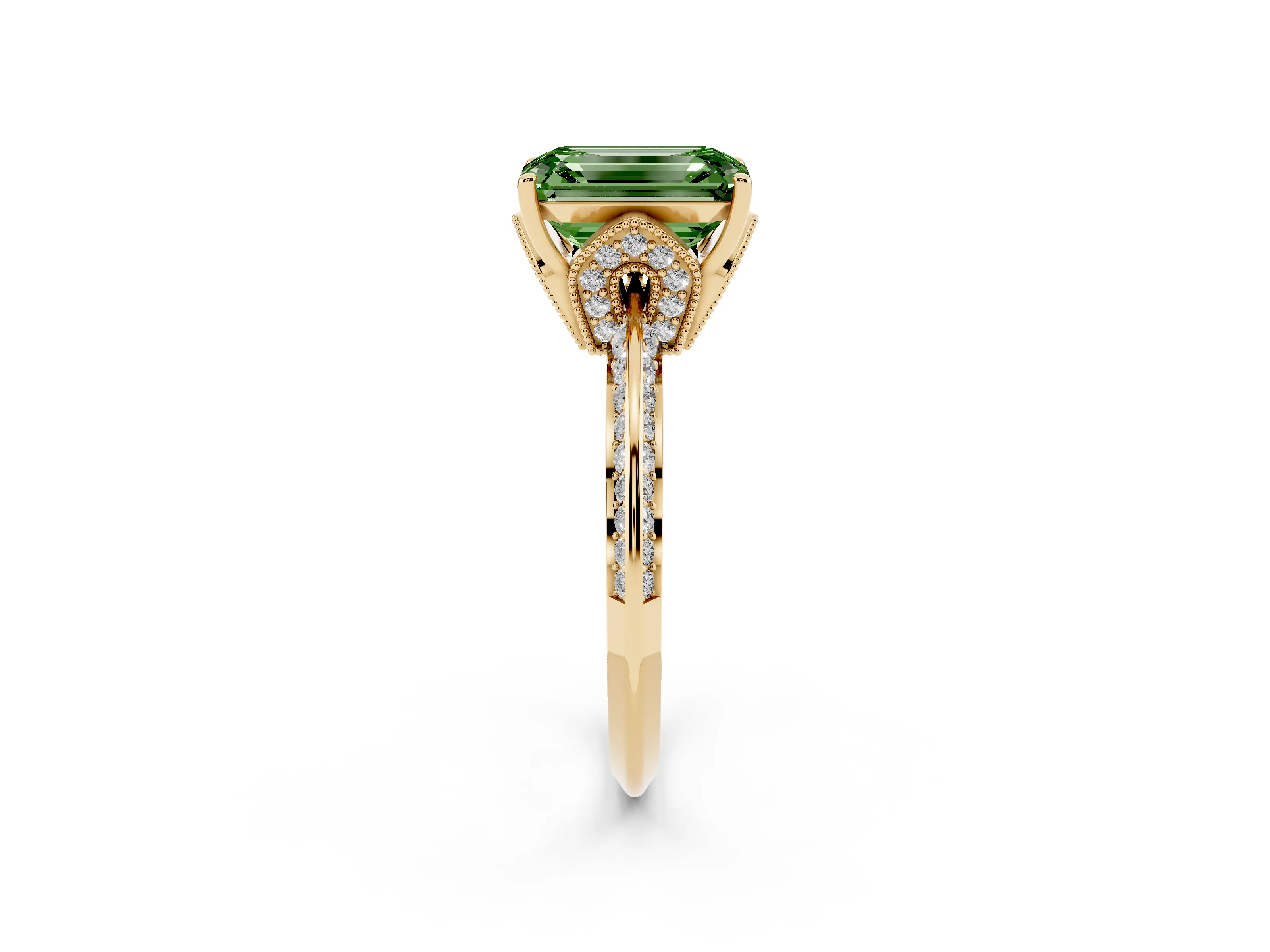 Fancy Green Emerald Cut Diamond Solitaire Engagement Ring Set in Yellow gold with Pavé Split Shank and Prong Setting
