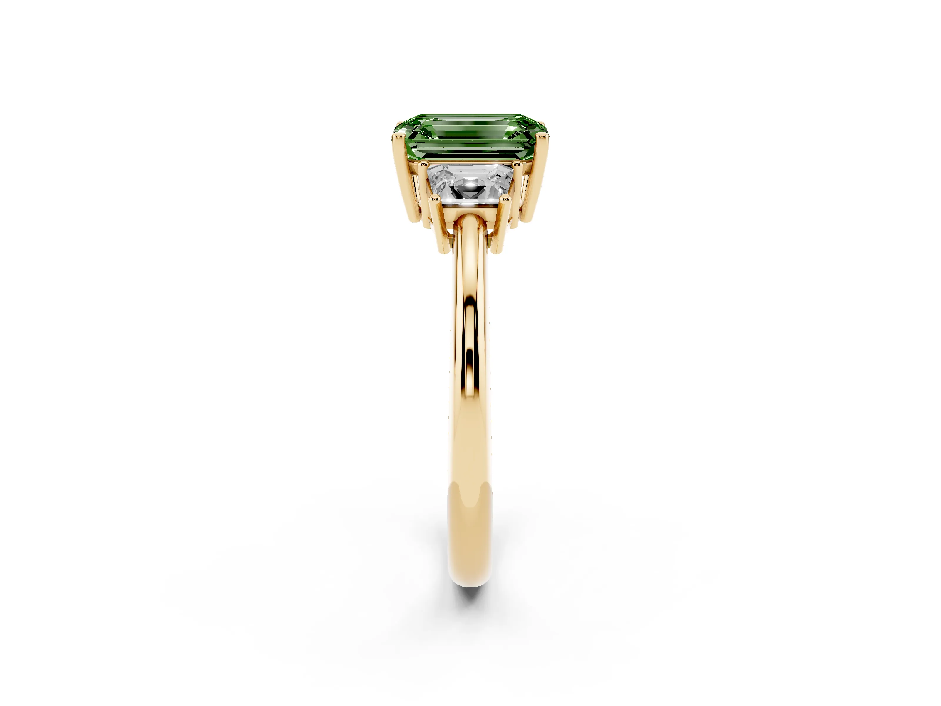 Fancy Green Emerald Cut Diamond Three-Stone Ring Set in Yellow gold with Trapezoid Side Stones and Prong Setting