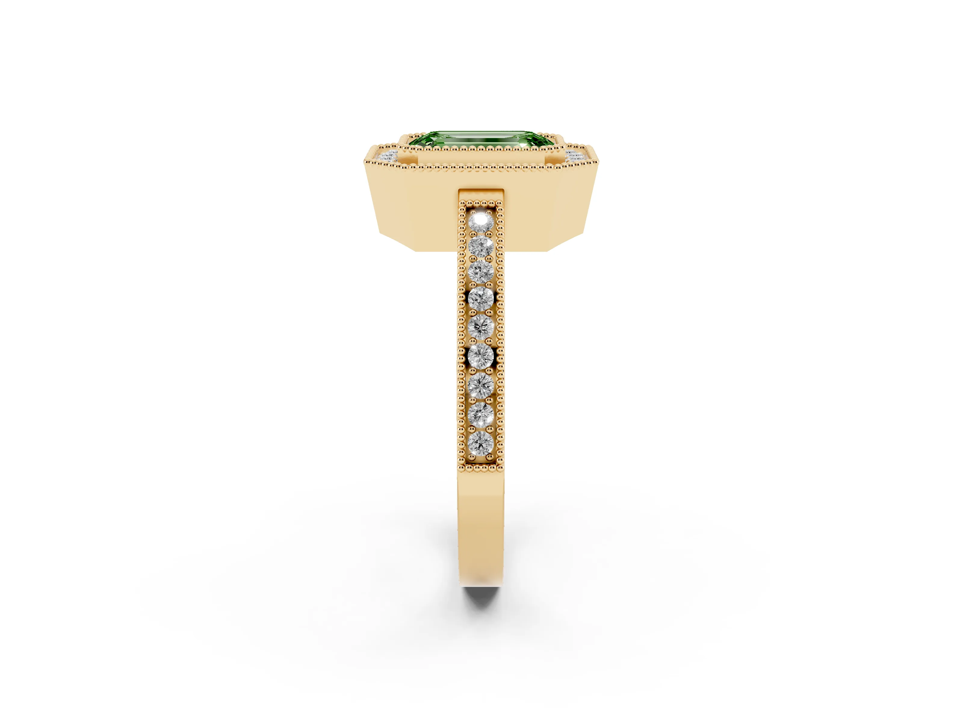 Fancy Green Emerald Cut Diamond Halo Ring Set in Yellow gold with Pavé Band and Milgrain-Edged Prongs
