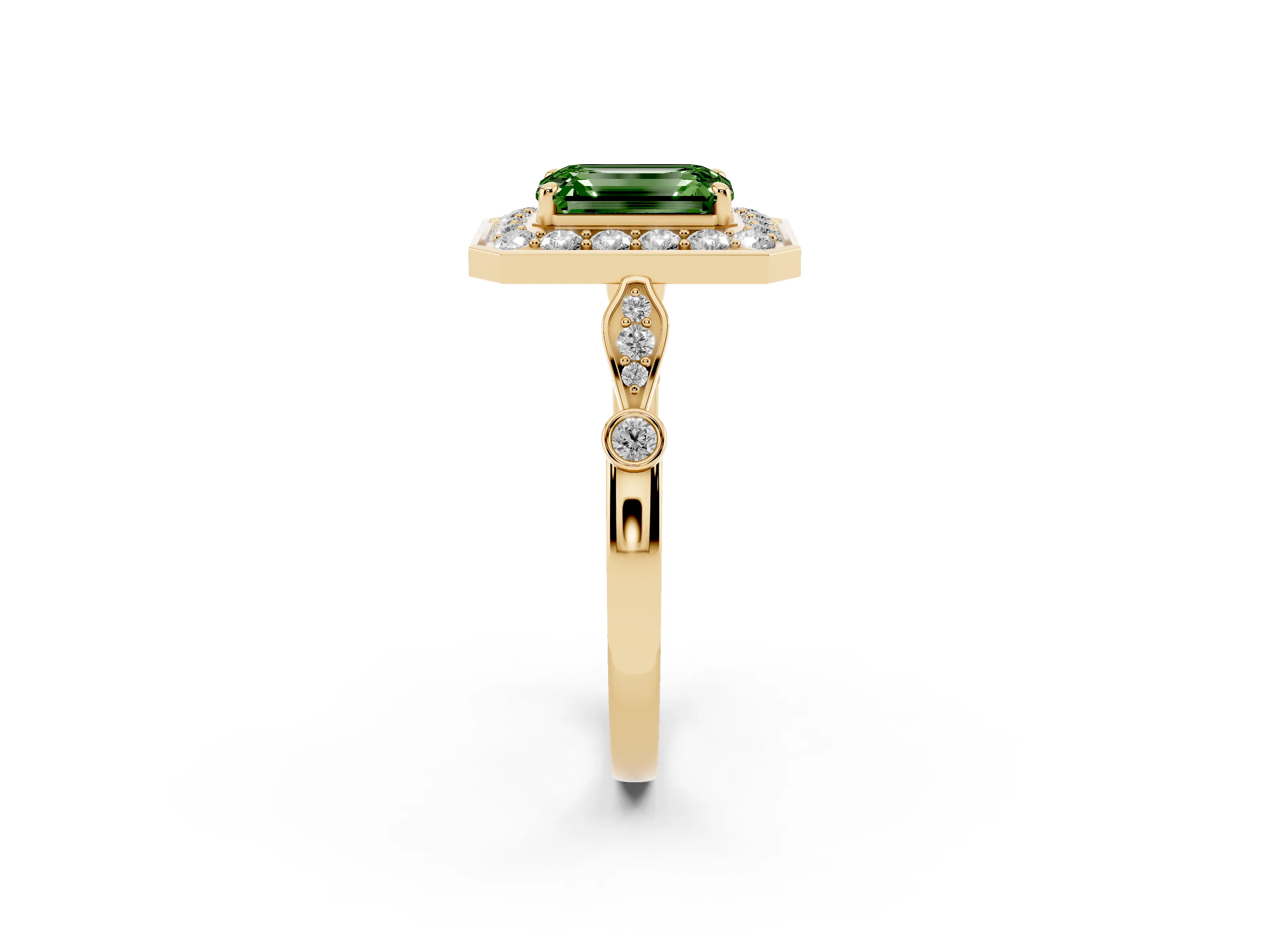 Fancy Green Emerald Cut Diamond Halo Engagement Ring Set in Yellow gold with Twisted Band and Prong Setting