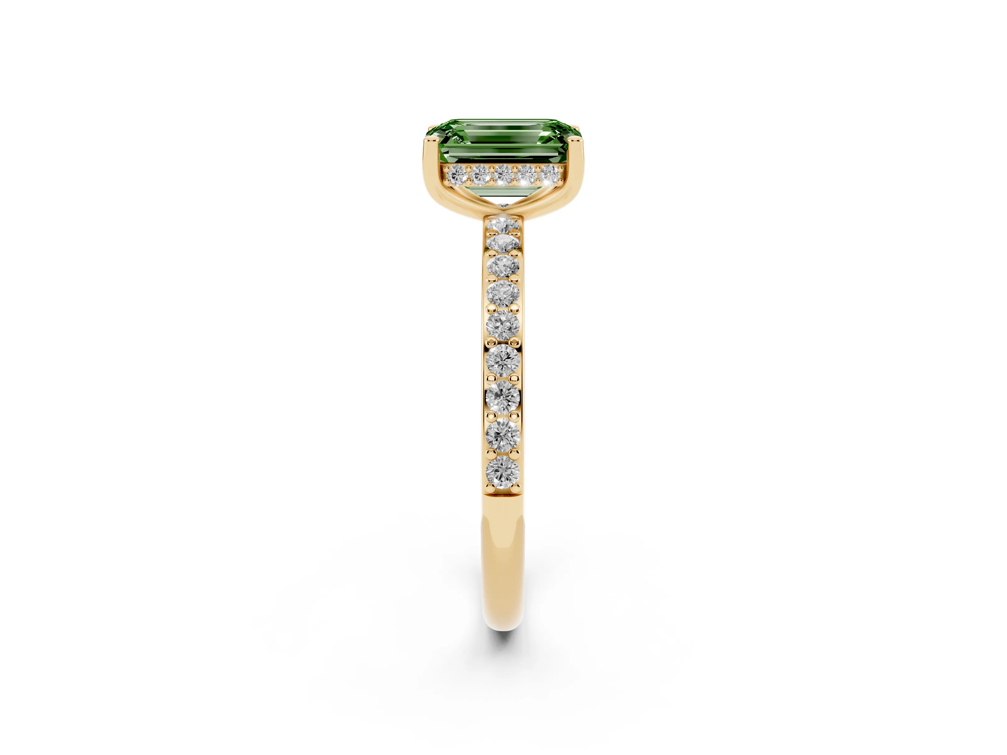Fancy Green Emerald Cut Diamond Pavé Band Ring Set in Yellow gold with Prong-Set Center Stone