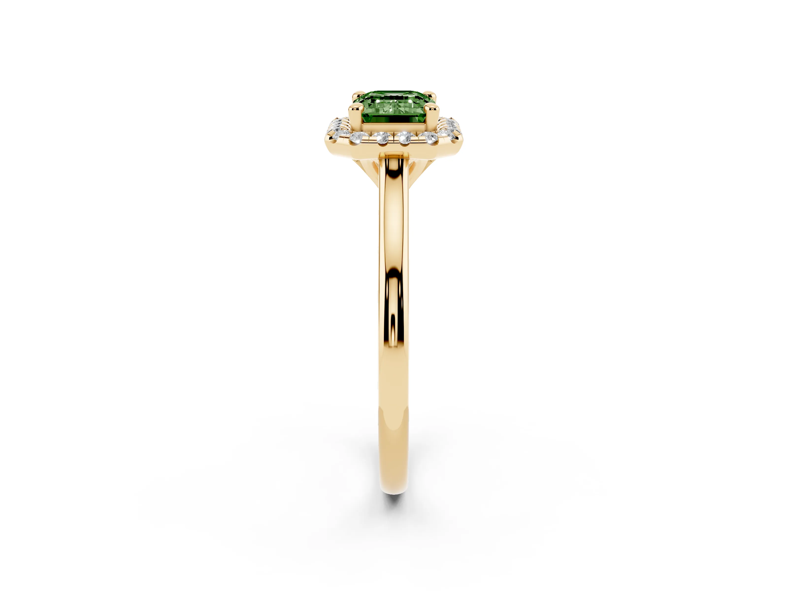 Fancy Green Emerald Cut Diamond Halo Engagement Ring Set in Yellow gold with Pavé Band and Rising Shoulders