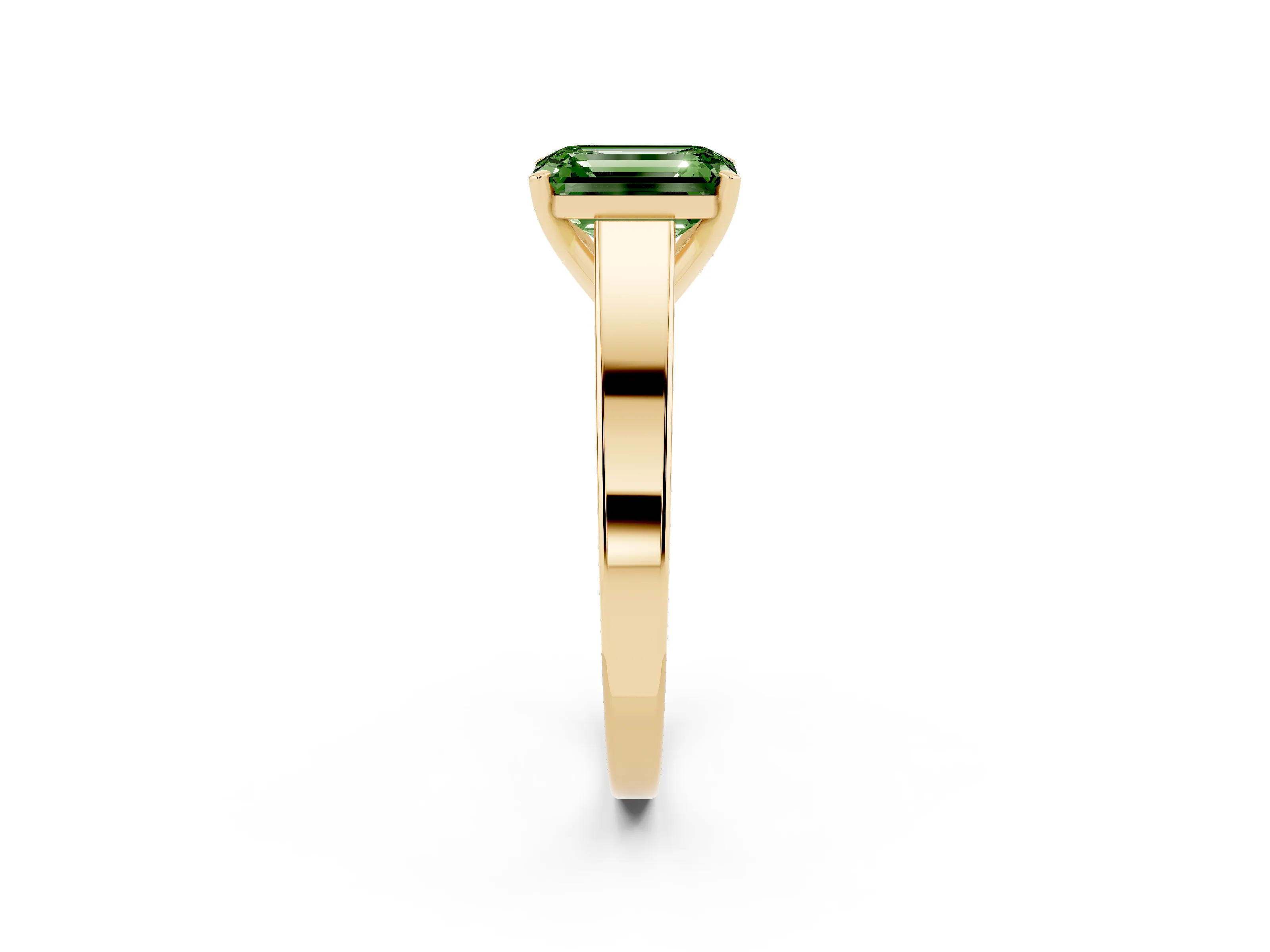 Fancy Green Emerald Cut Diamond Solitaire Engagement Ring Set in Yellow gold with Prong Setting and Tapered Band