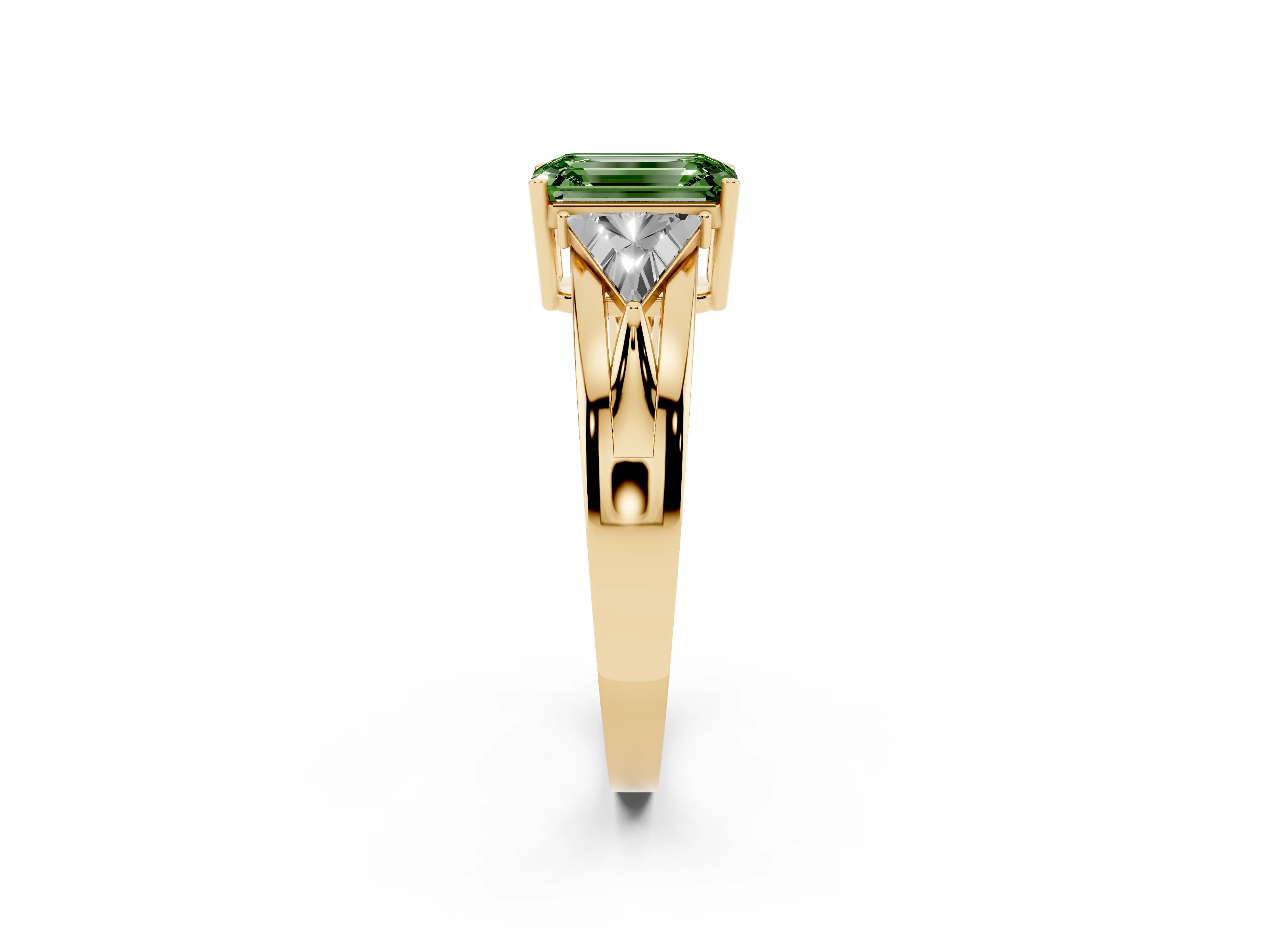 Fancy Green Emerald Cut Diamond Three-Stone Ring Set in Yellow gold with Trillion Side Stones and Split Shank