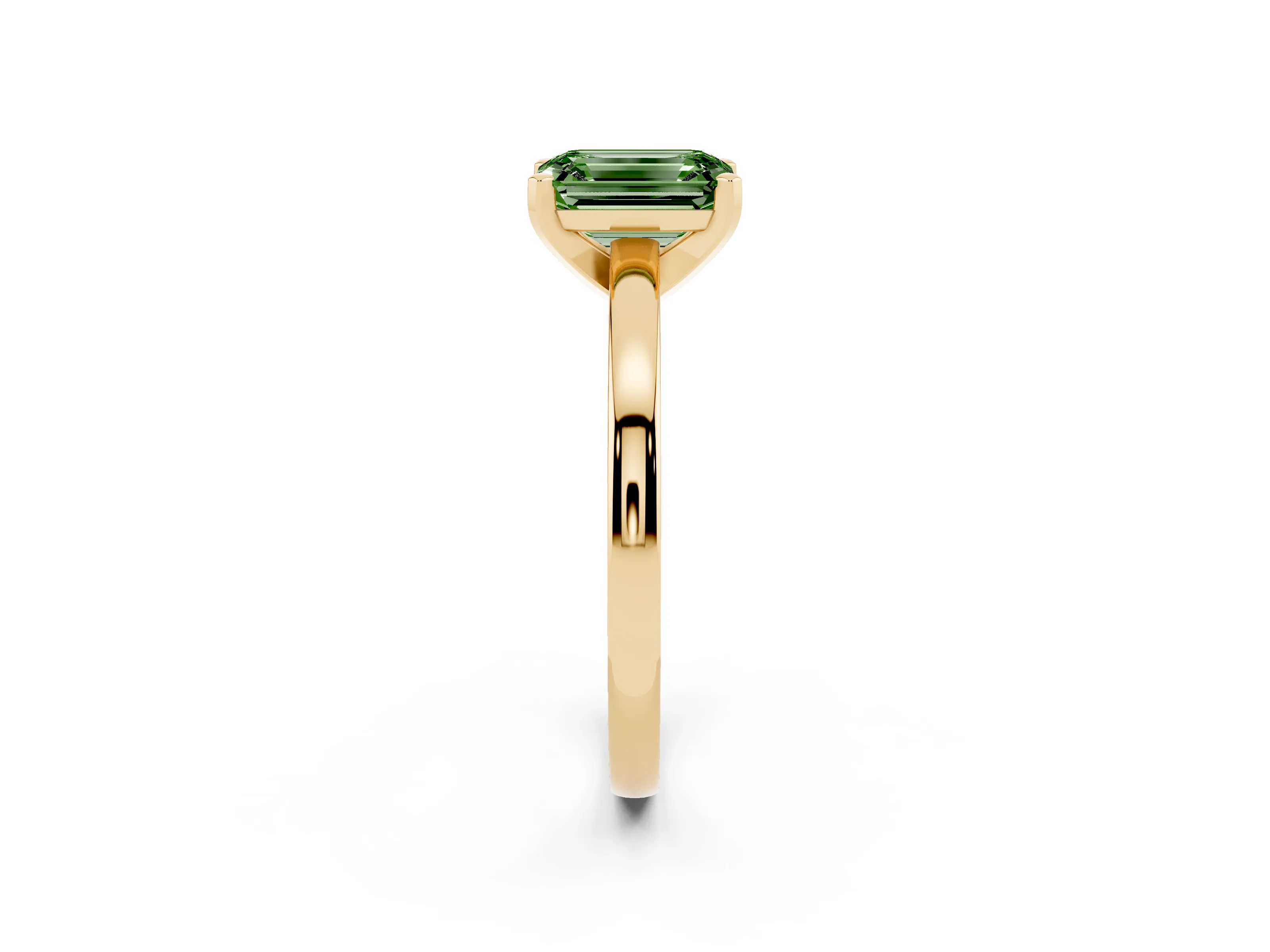 Fancy Green Emerald Cut Diamond Solitaire Engagement Ring Set in Yellow gold with Prong Setting on a Classic Band