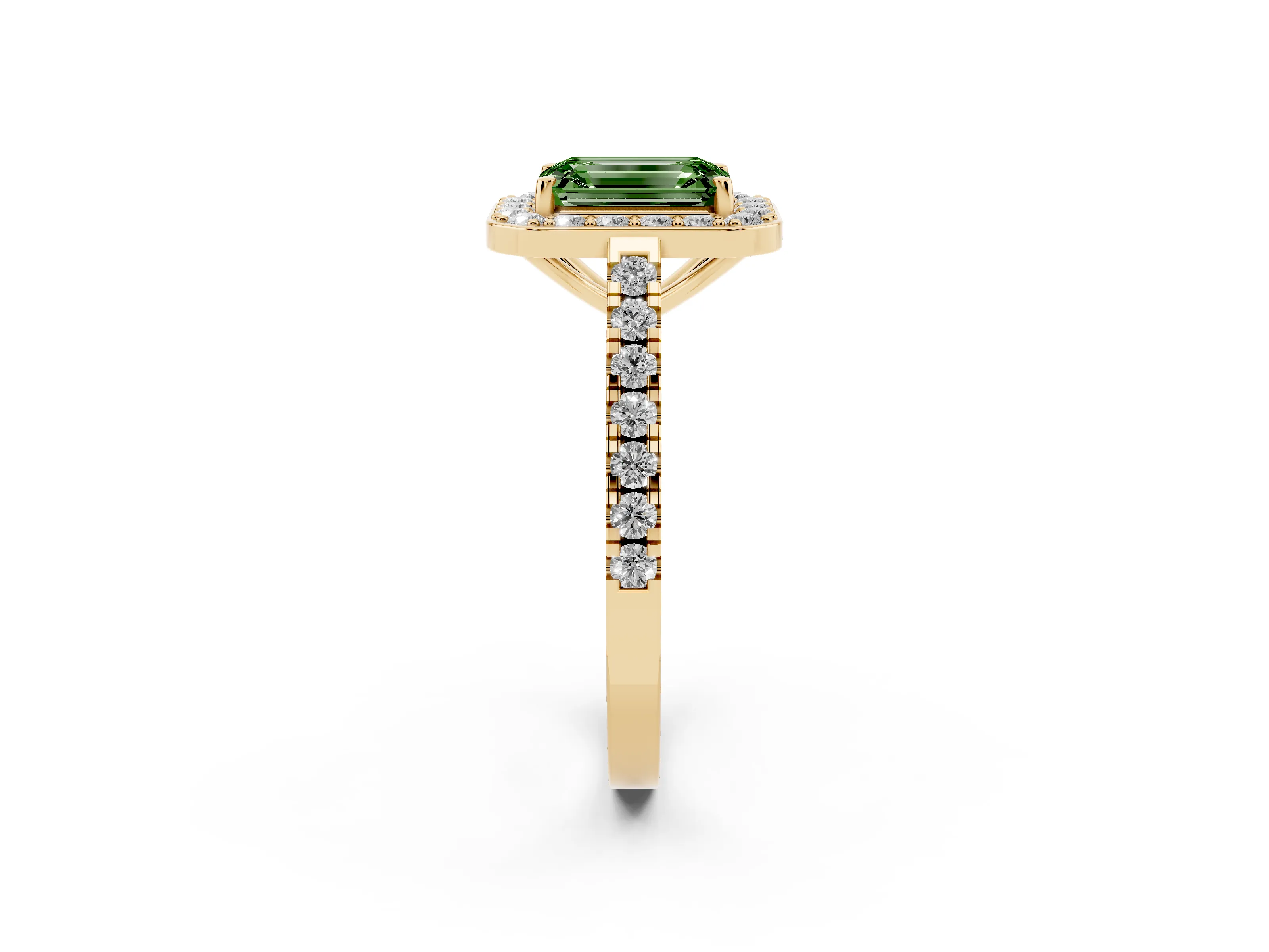 Fancy Green Emerald Cut Diamond Halo Ring Set in Yellow gold with Round Pavé Split Shank and Prong Setting