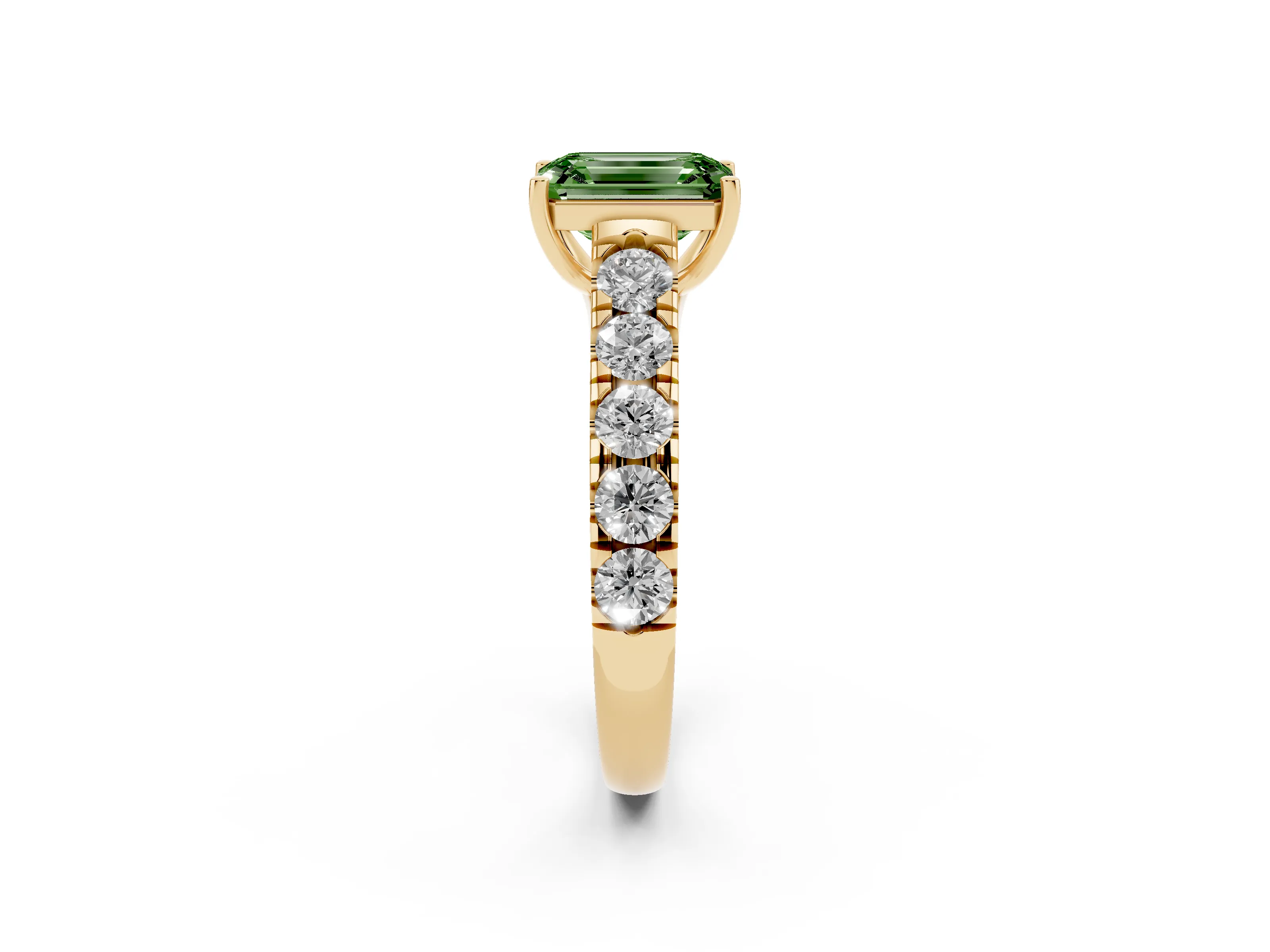 Fancy Green Emerald Cut Diamond Solitaire Ring Set in Yellow gold with Cut-Down Micro Pavé Band and Prong Setting