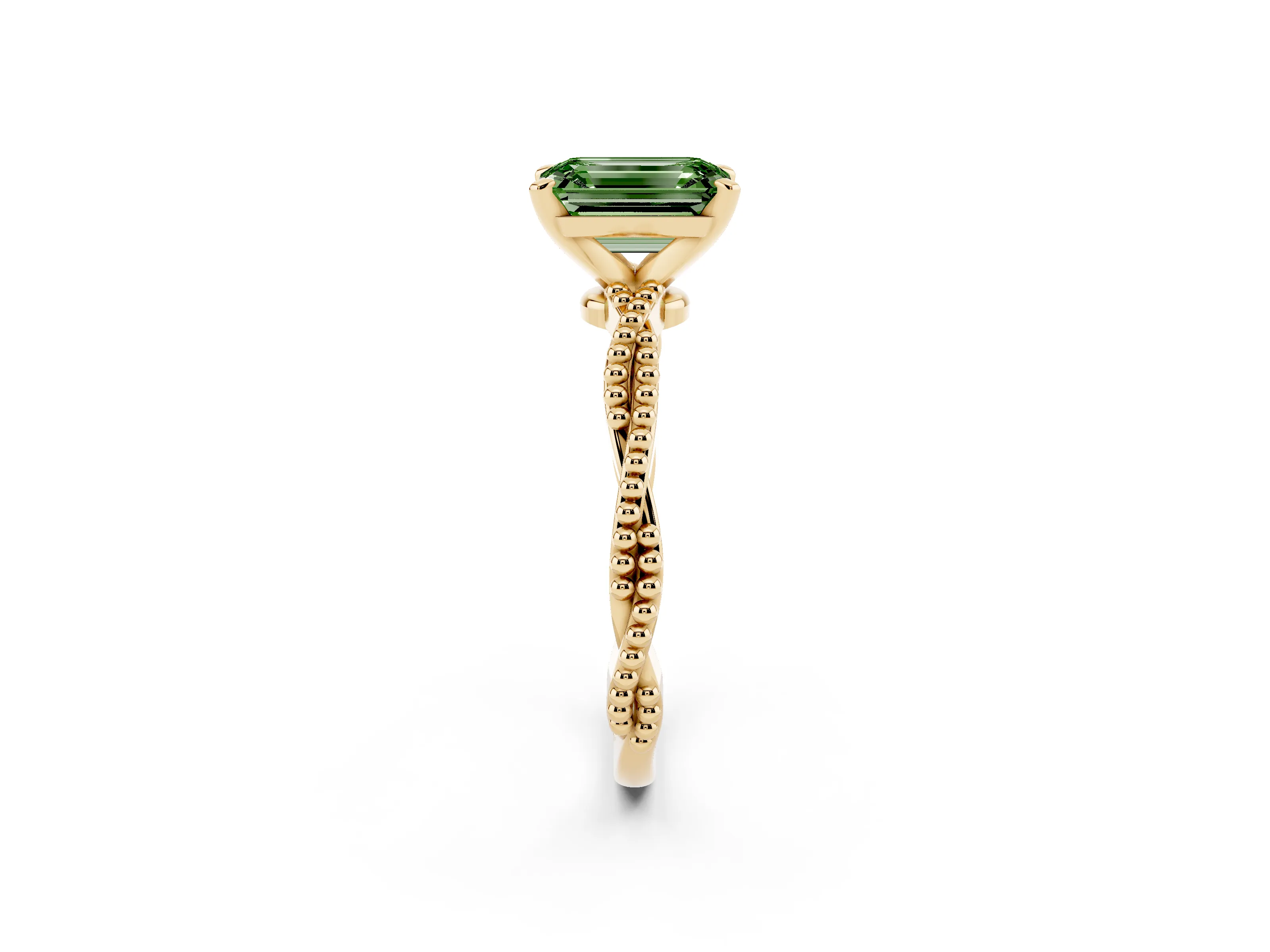 Fancy Green Emerald Cut Diamond Solitaire Ring Set in Yellow gold with Twisted Band and Bead Prong Setting