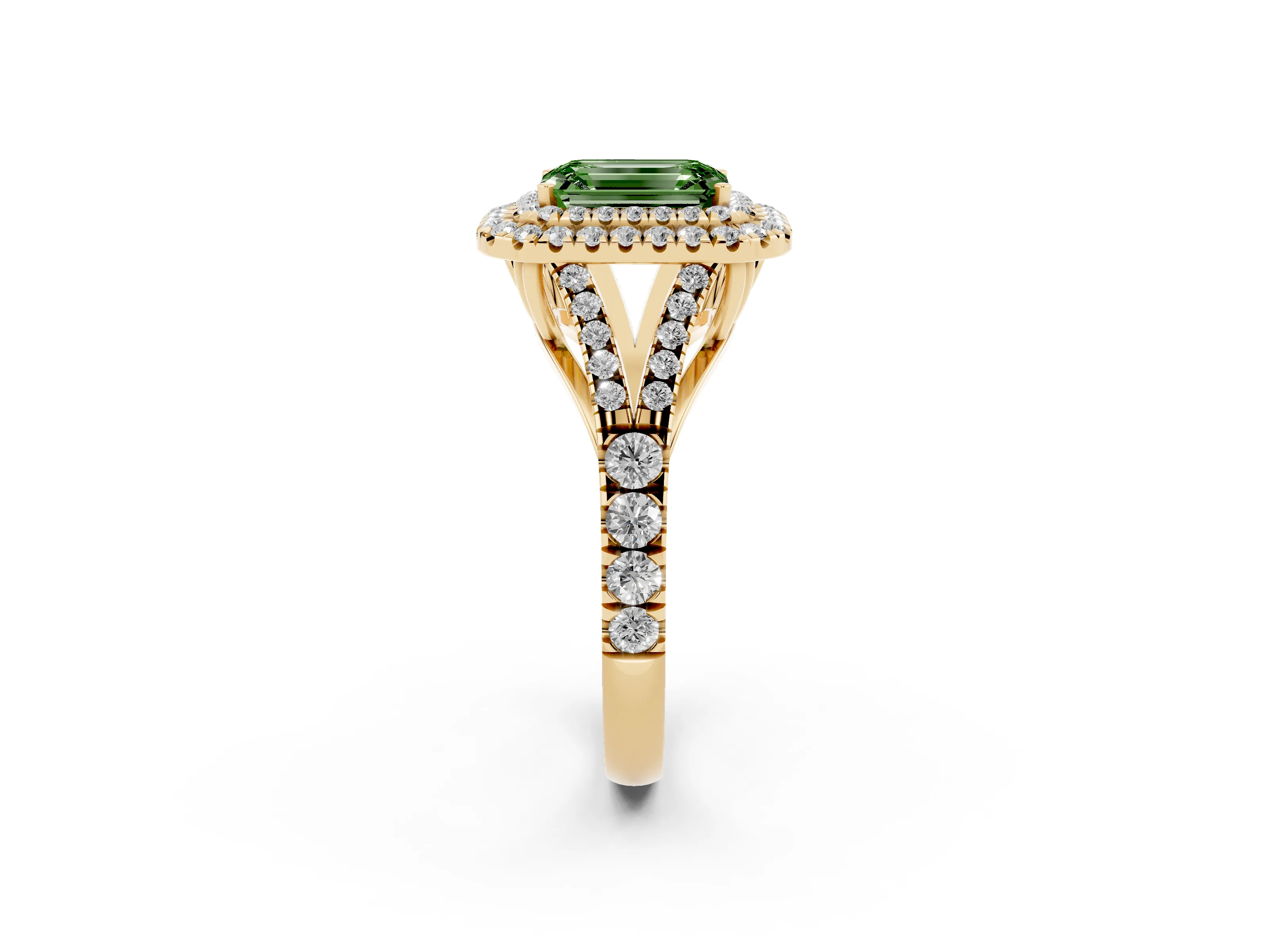 Fancy Green Emerald Cut Diamond Pavé Split Shank Double Halo Engagement Ring Set in Yellow gold
