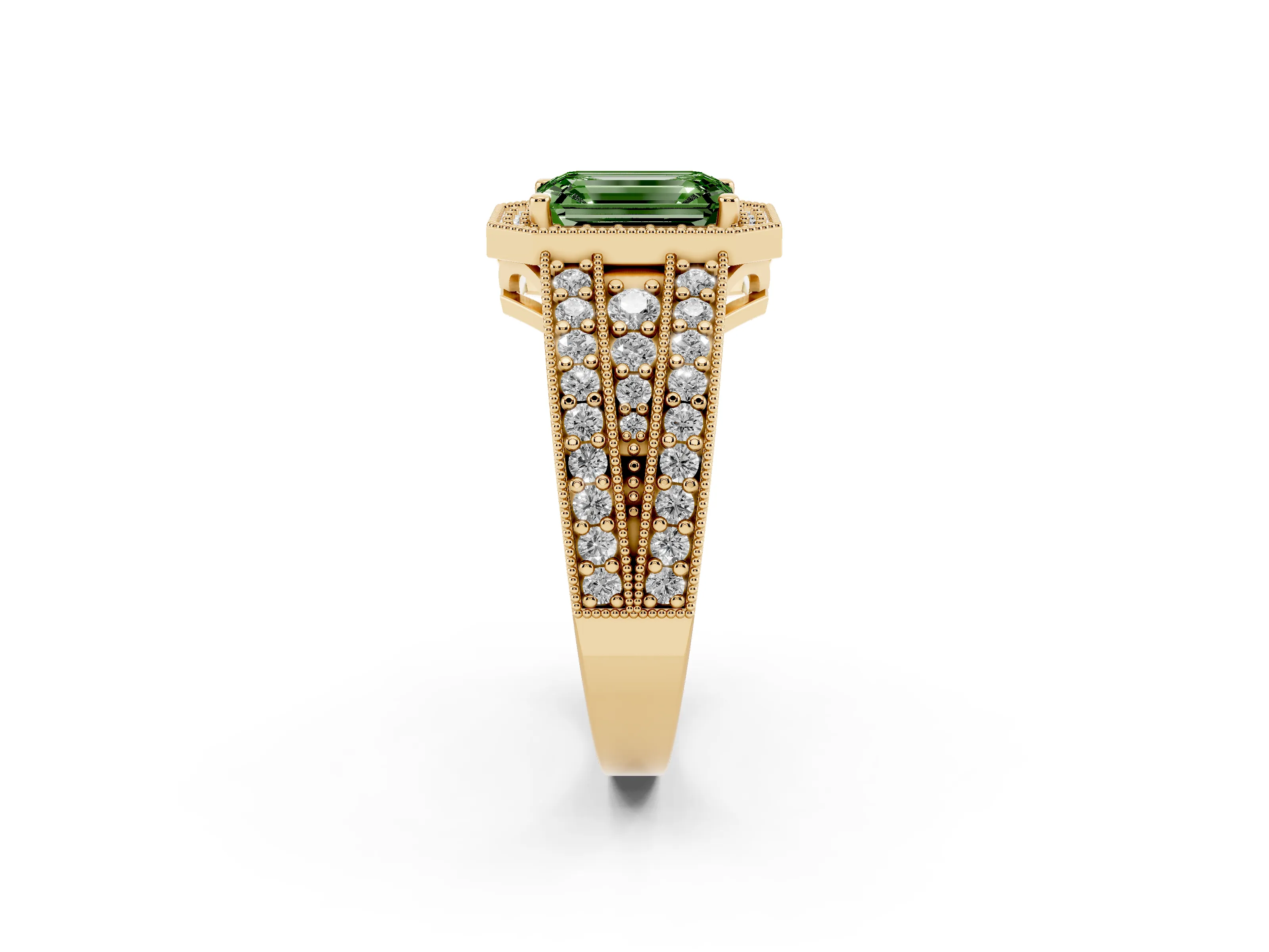 Fancy Green Emerald Cut Diamond Halo Ring Set in Yellow gold with Accent Split Shank and Prong Setting