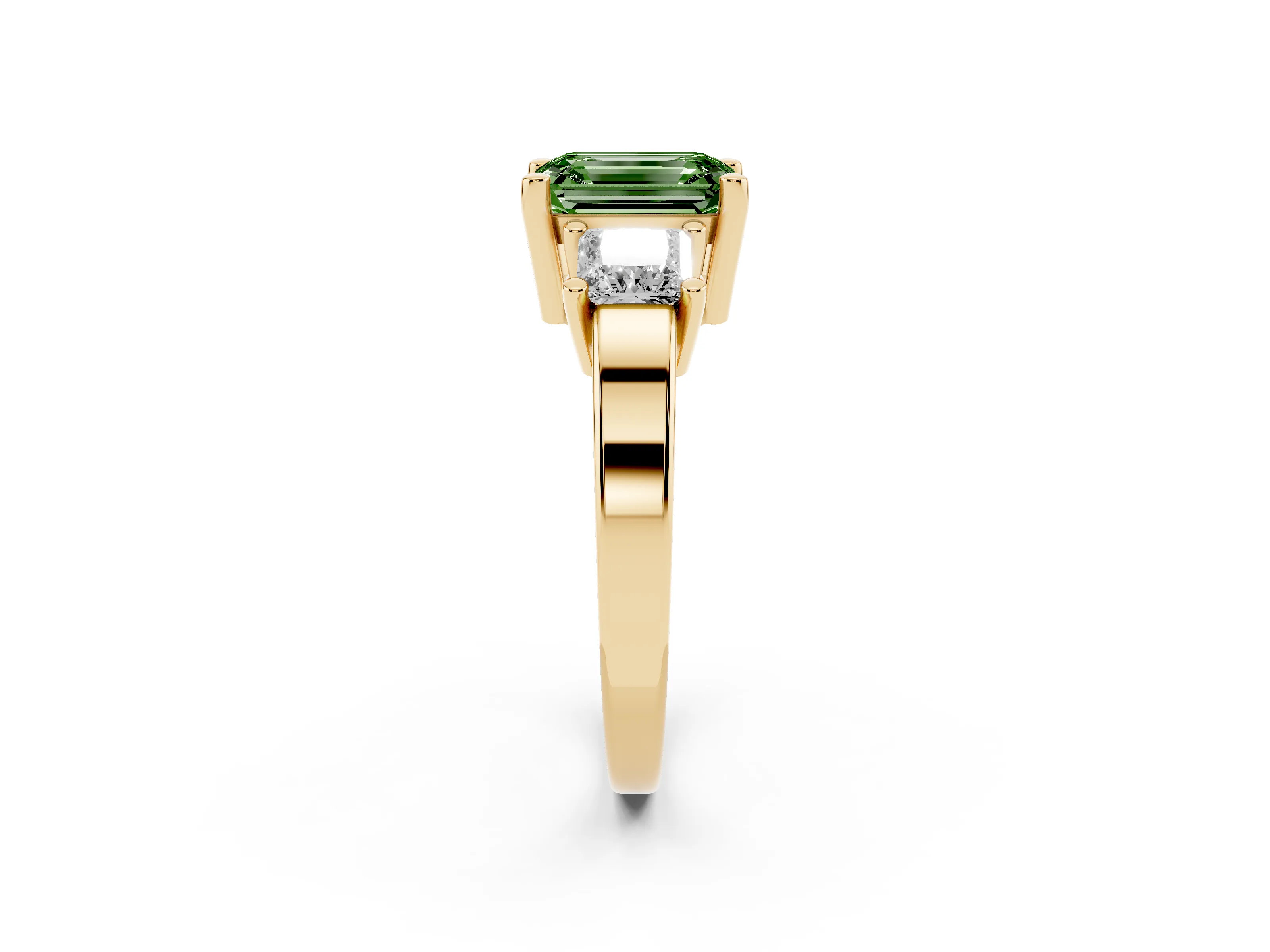 Fancy Green Three-Stone Emerald Cut Diamond Solitaire Ring Set in Yellow gold with Prong Setting