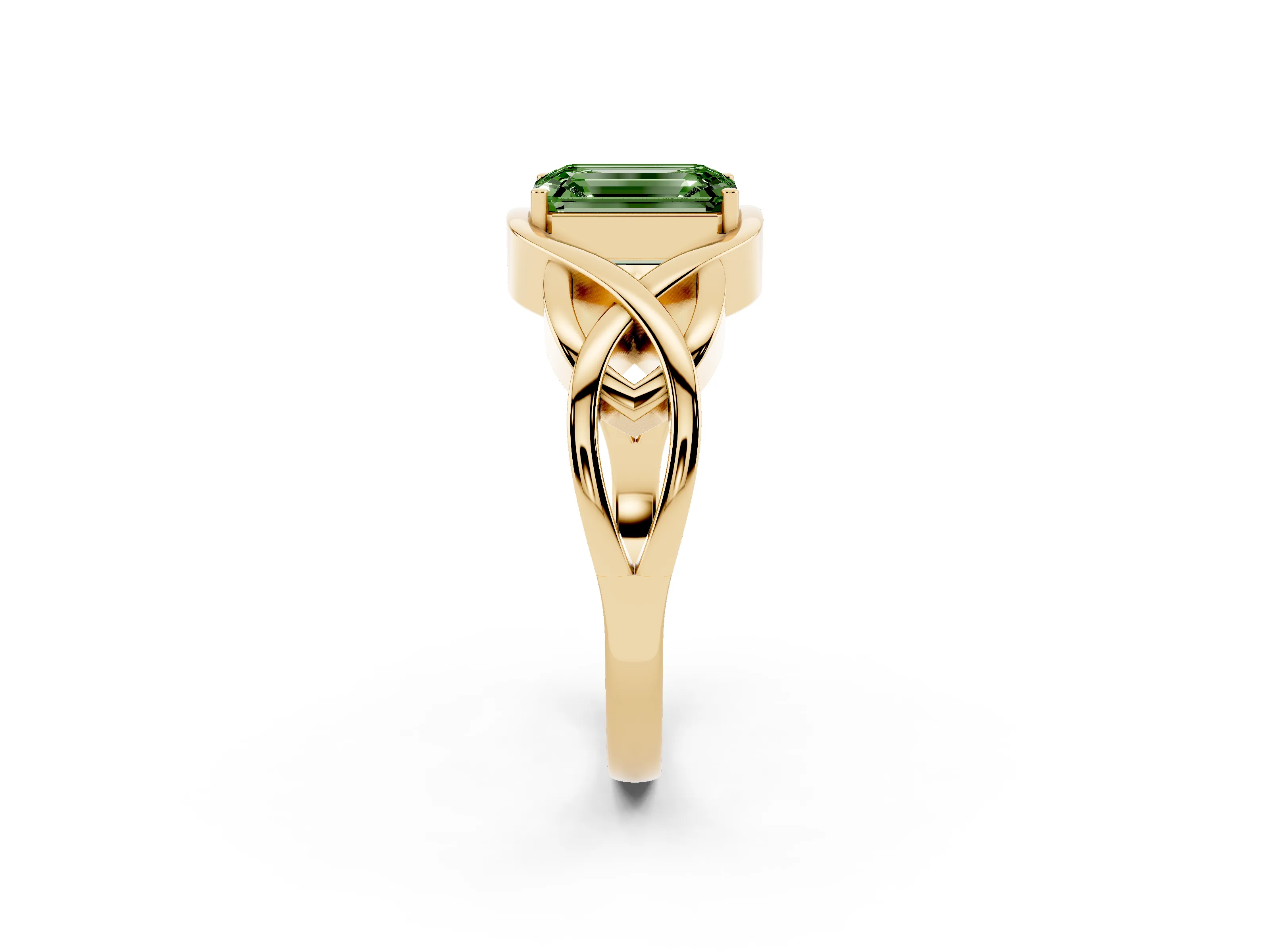Fancy Green Emerald Cut Diamond Solitaire Ring Set in Yellow gold with Intertwined Band