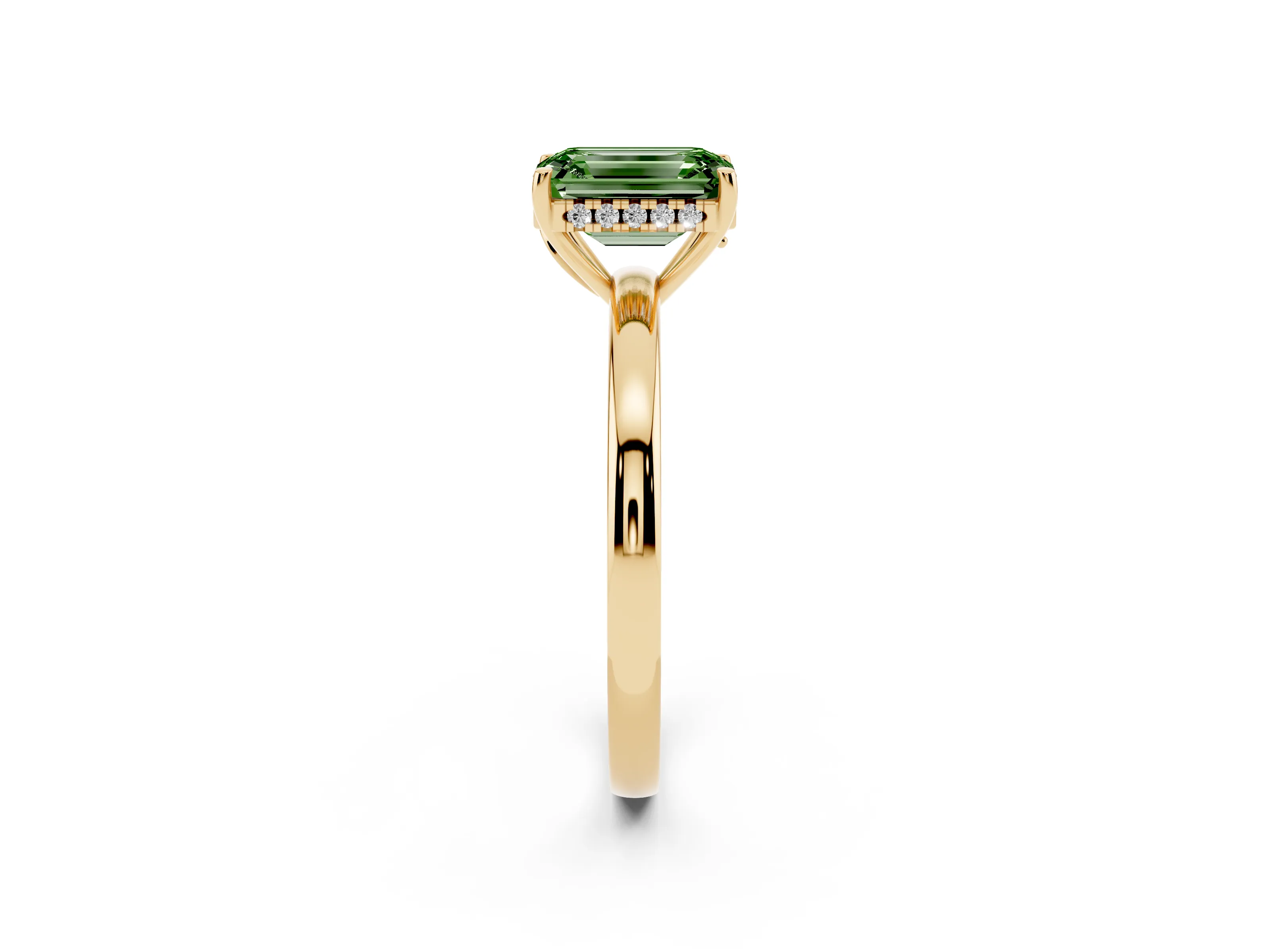 Fancy Green Emerald Cut Diamond Solitaire Ring Set in Yellow gold with Plain Band and Prong Setting