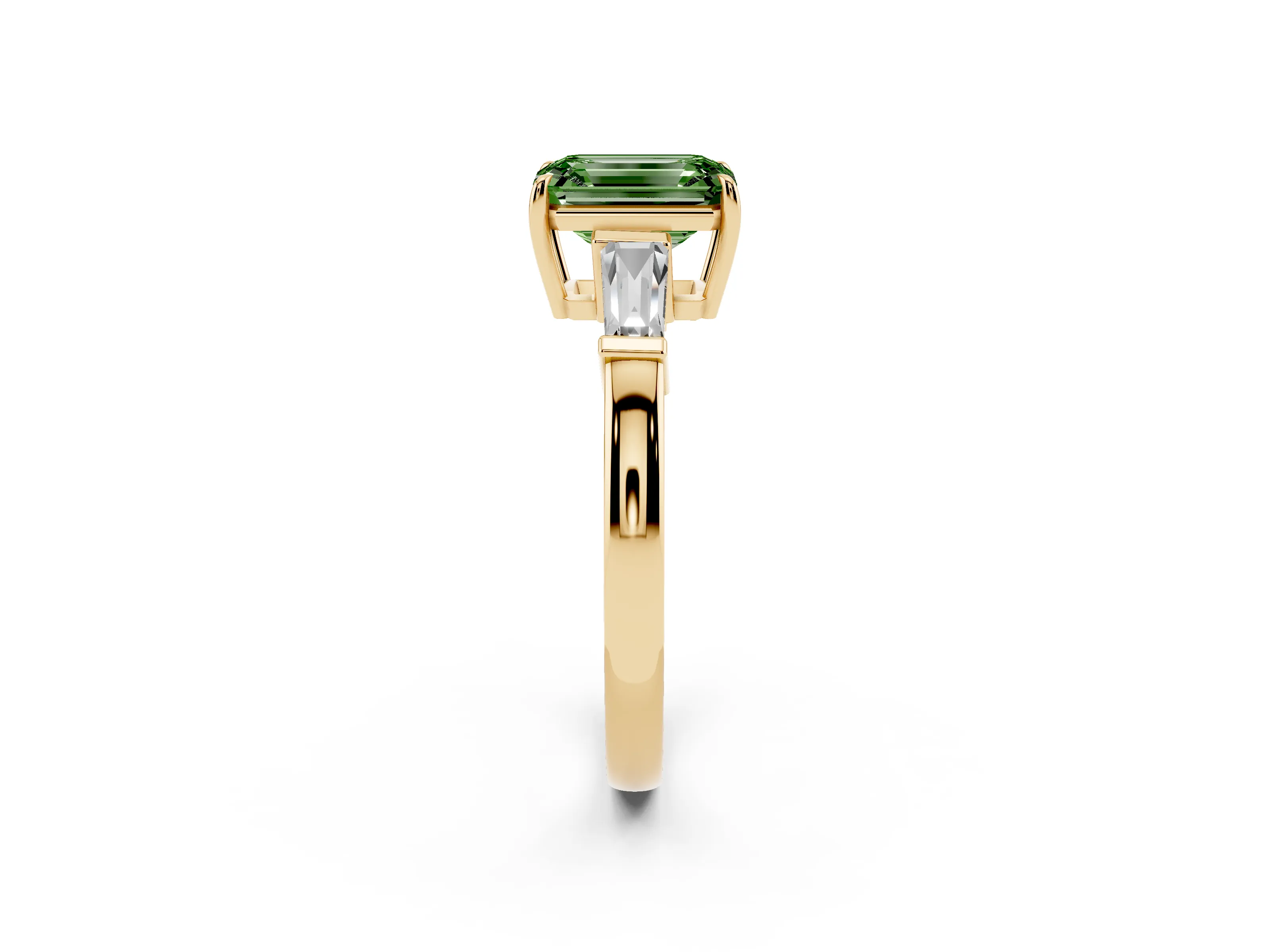 Fancy Green Emerald Cut Diamond Three-Stone Ring Set in Yellow gold with Tapered Baguette Side Stones and Prong Setting