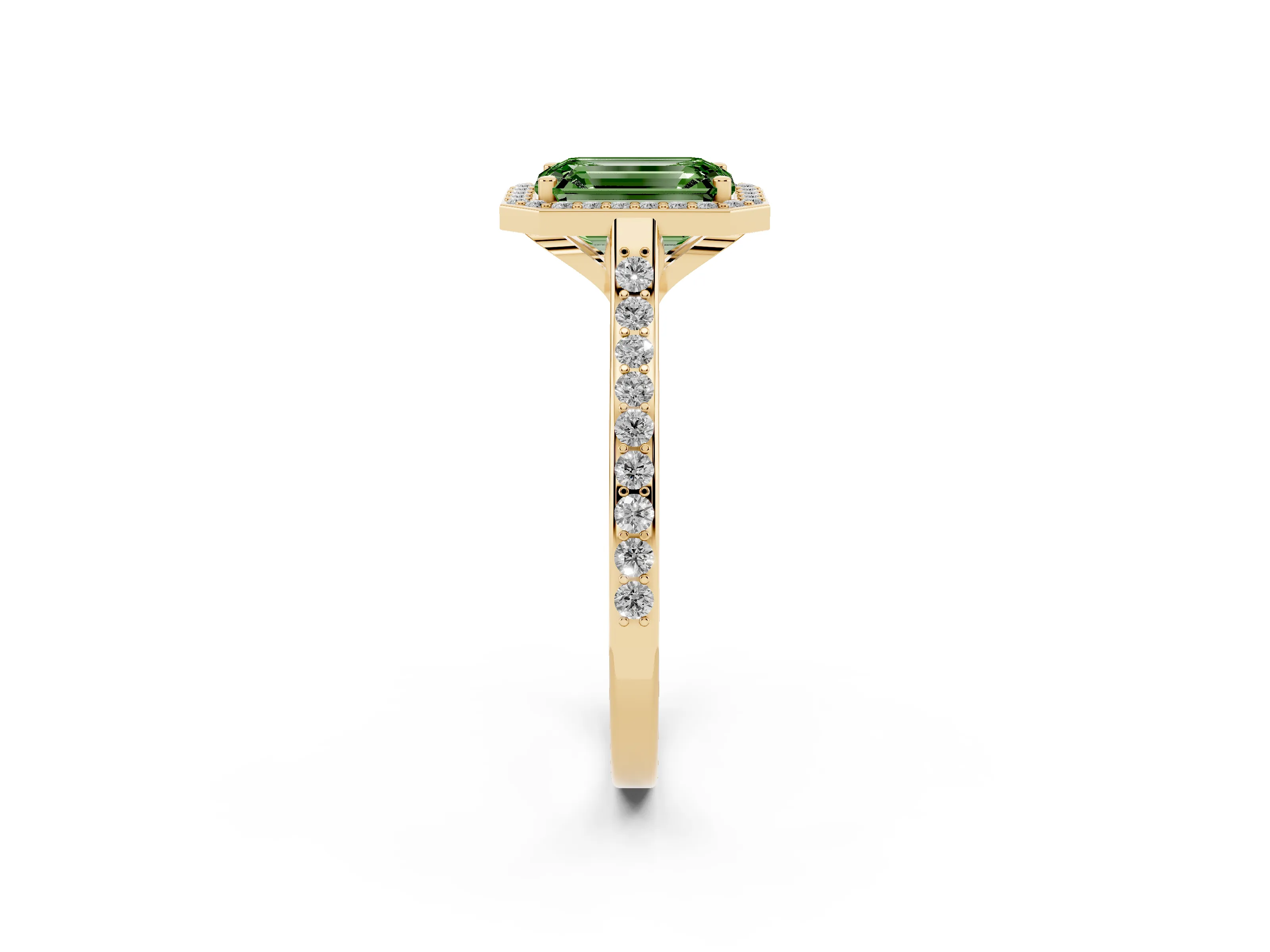 Fancy Green Emerald Cut Diamond Halo Engagement Ring Set in Yellow gold with Round Pavé Shoulders and Heart Gallery