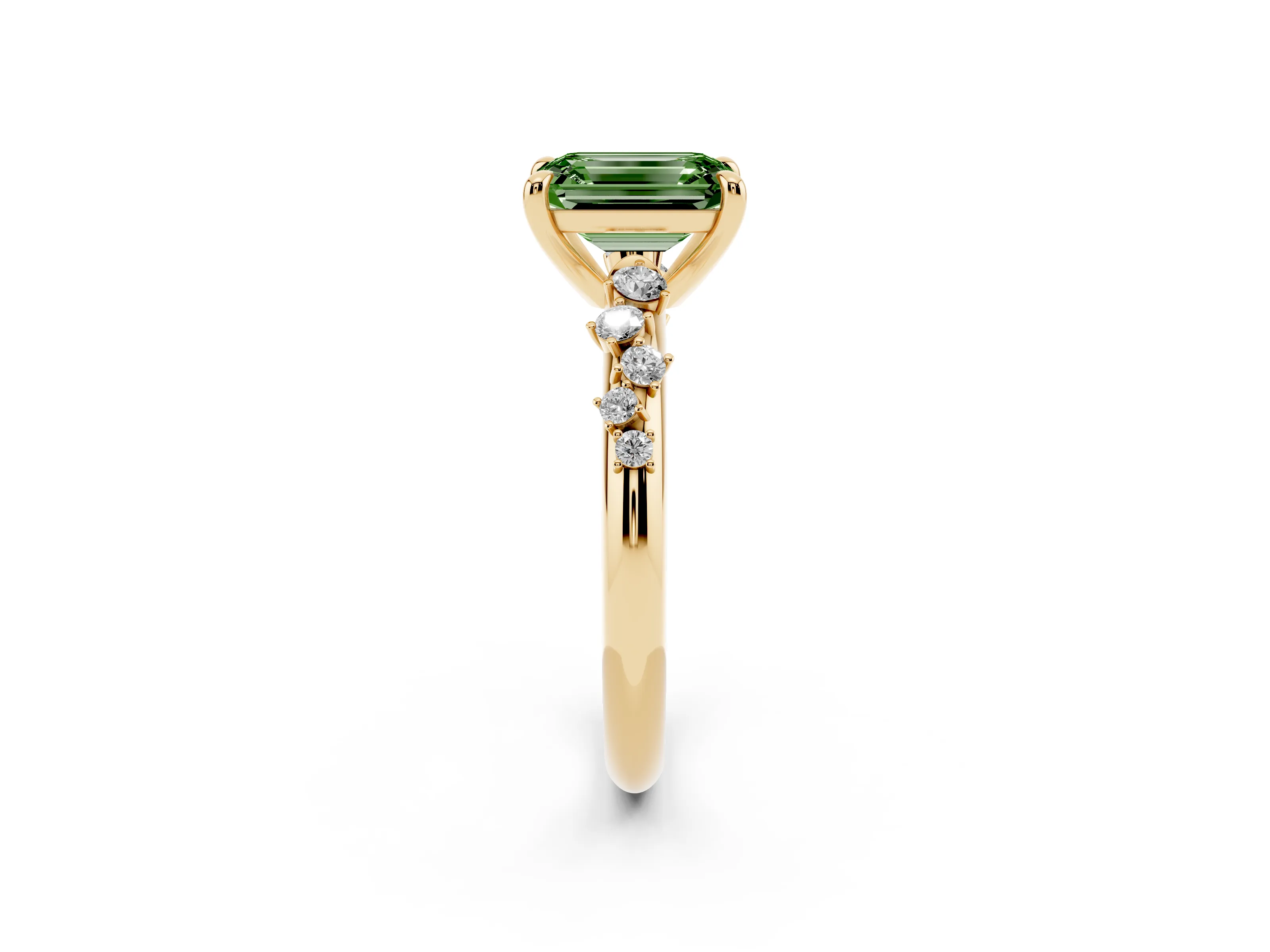Fancy Green Emerald Cut Diamond Solitaire Vine Band Ring Set in Yellow gold with Round Accents and Prong Setting