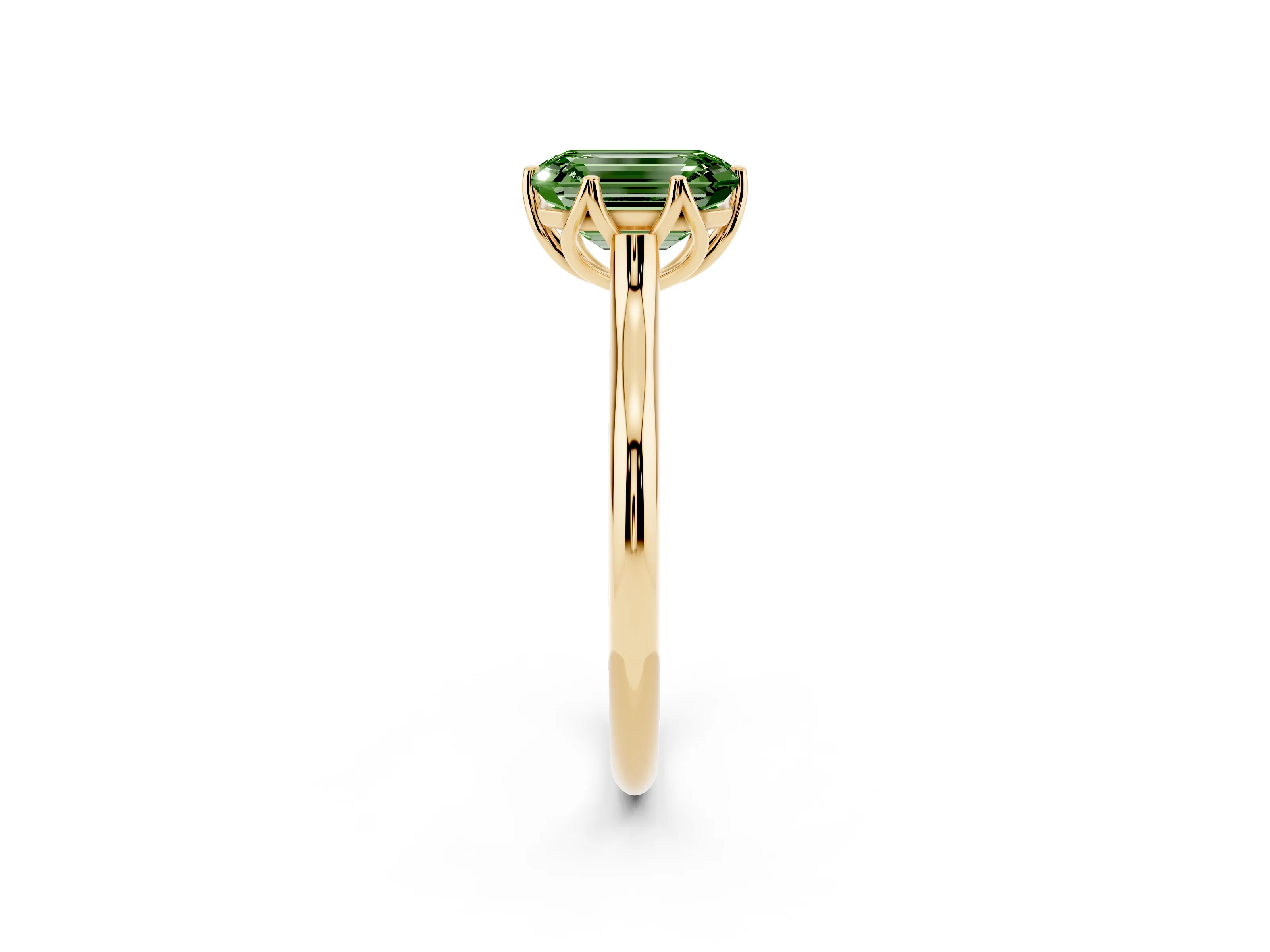 Fancy Green Emerald Cut Diamond Solitaire Cathedral Ring Set in Yellow gold with Prong Setting