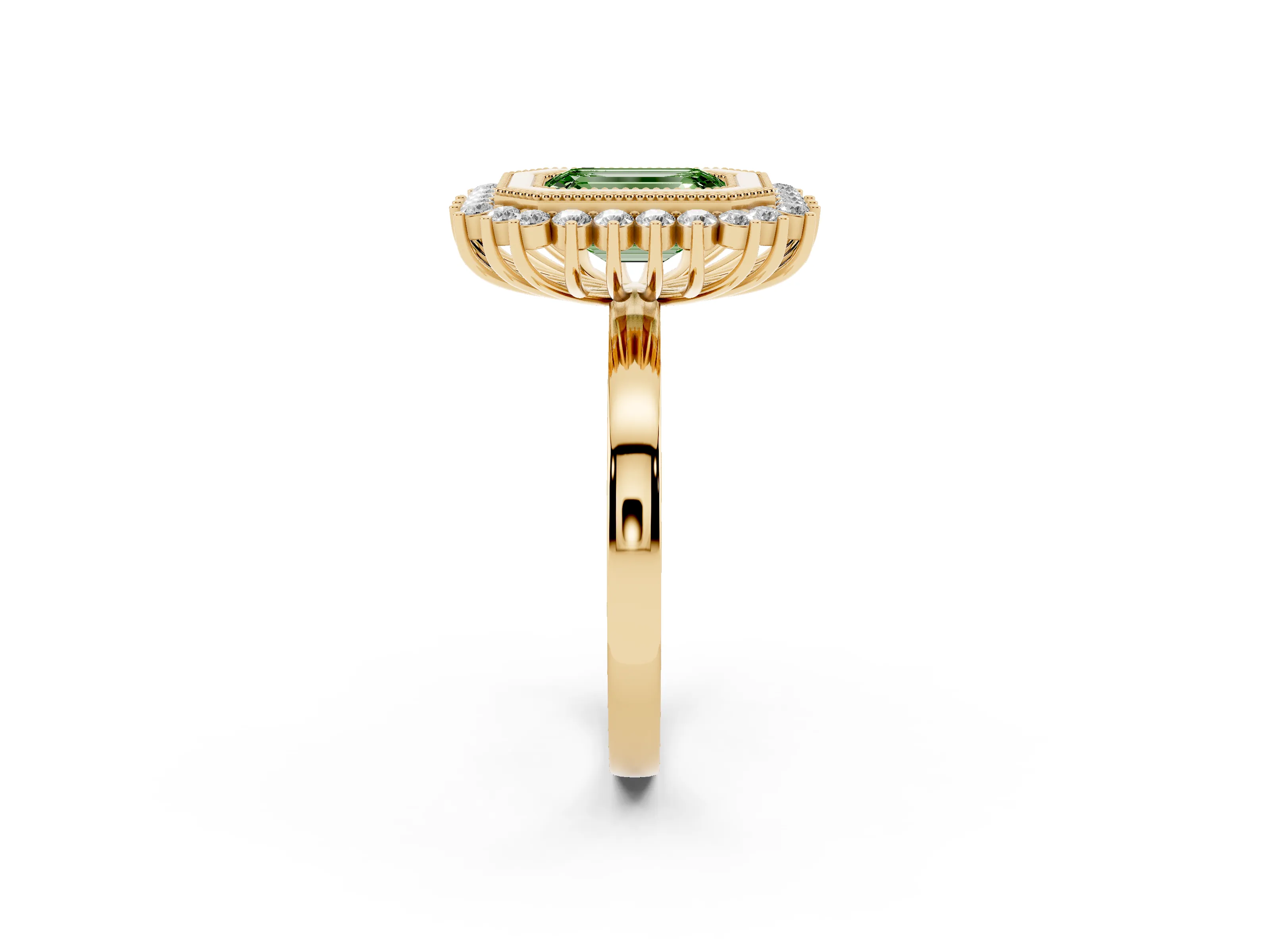 Fancy Green Emerald Cut Diamond Halo Ring Set in Yellow gold with Milgrain Edge and Round Prong Setting