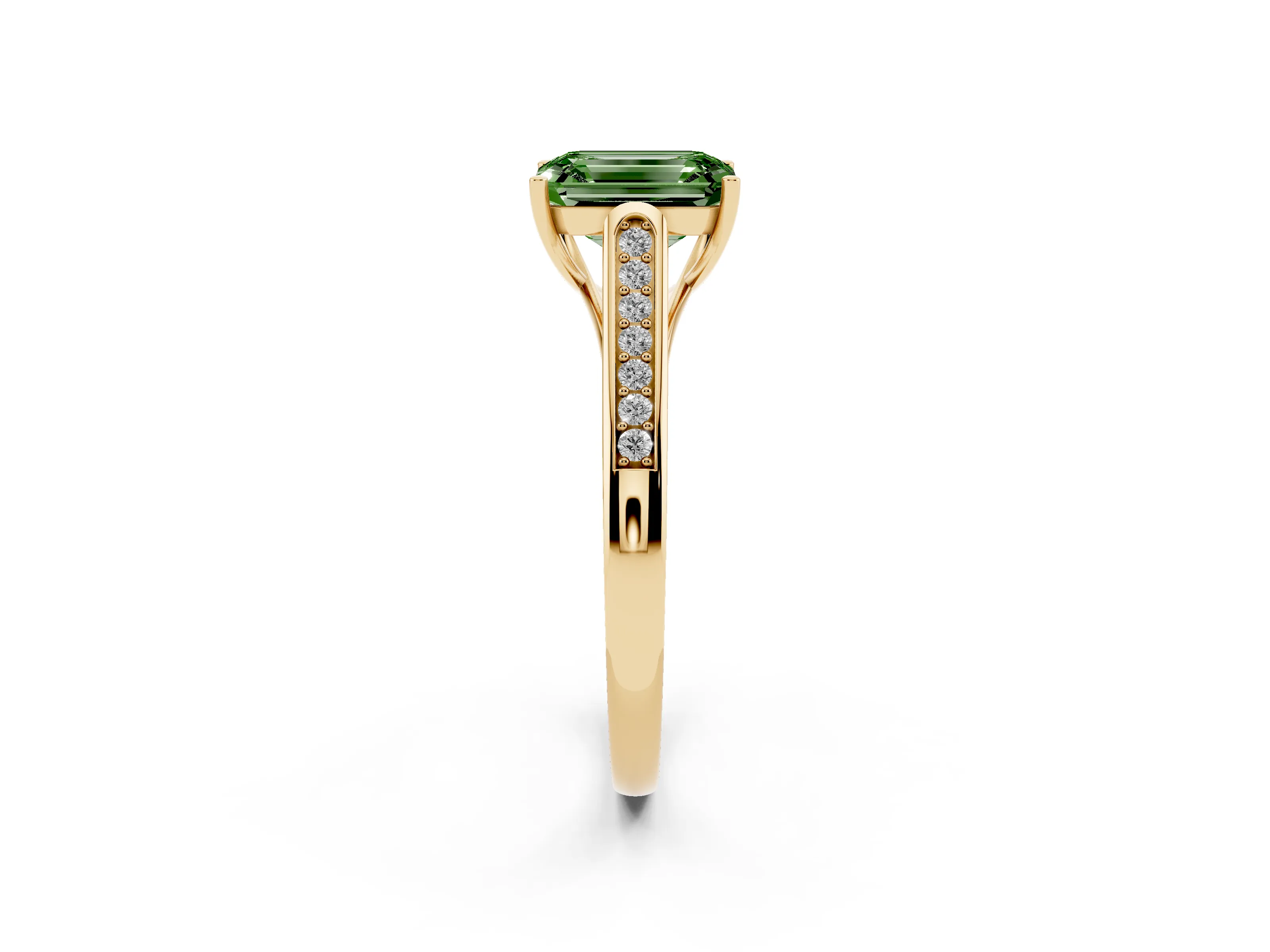 Fancy Green Emerald Cut Diamond Solitaire Cathedral Engagement Ring Set in Yellow gold with Channel-Set Band and Prong Setting