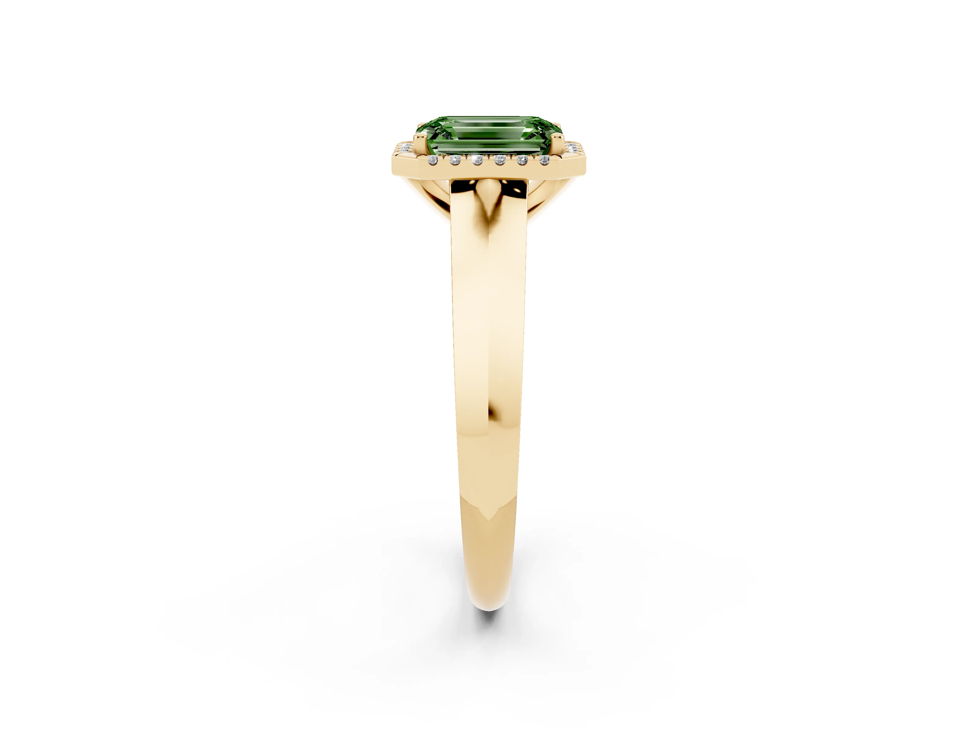 Fancy Green Emerald Cut Diamond Halo Ring Set in Yellow gold with Cathedral Band and Prong Setting