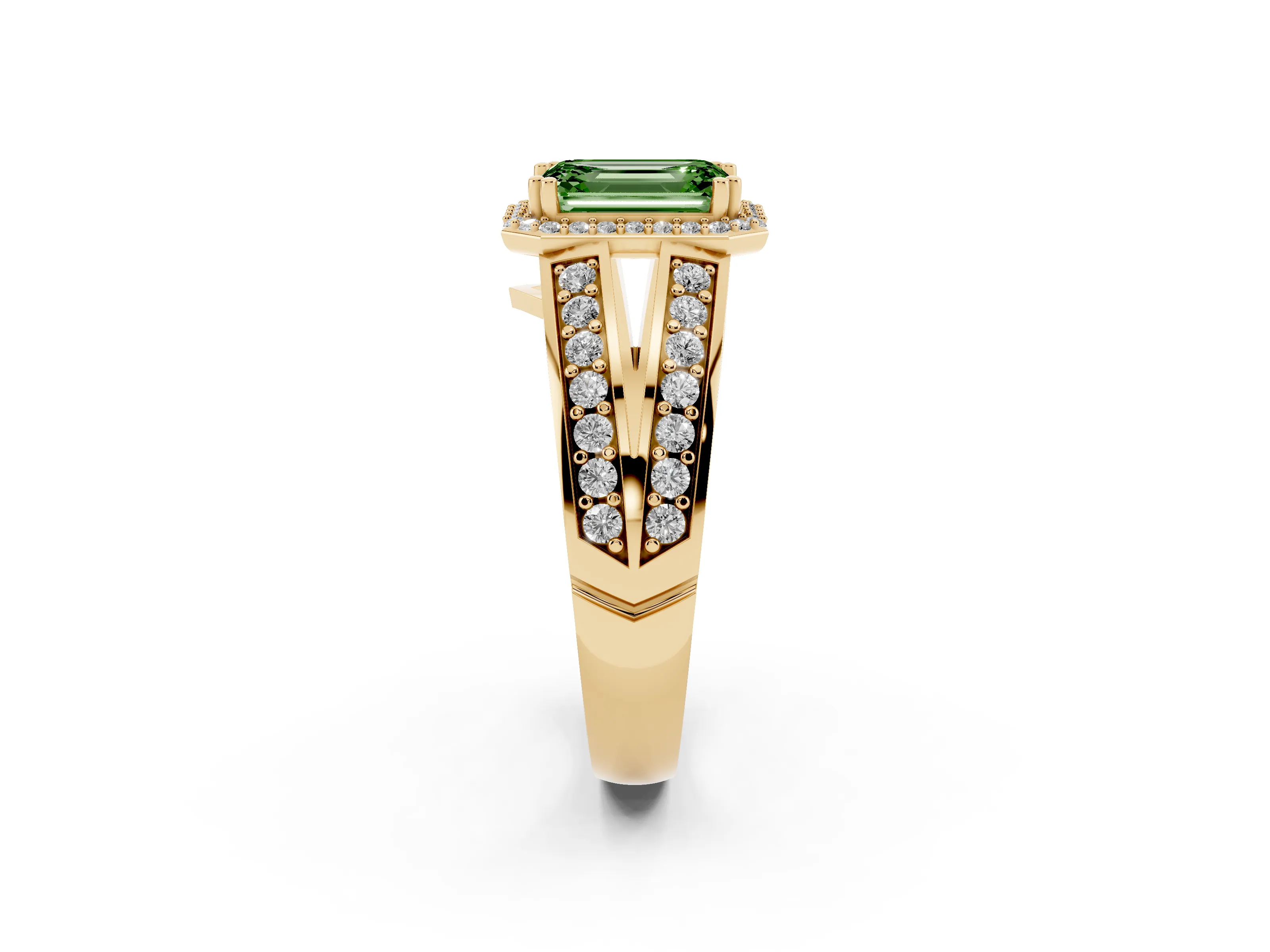 Fancy Green Emerald Cut Diamond Halo Ring Set in Yellow gold with Double Pavé Split Shank