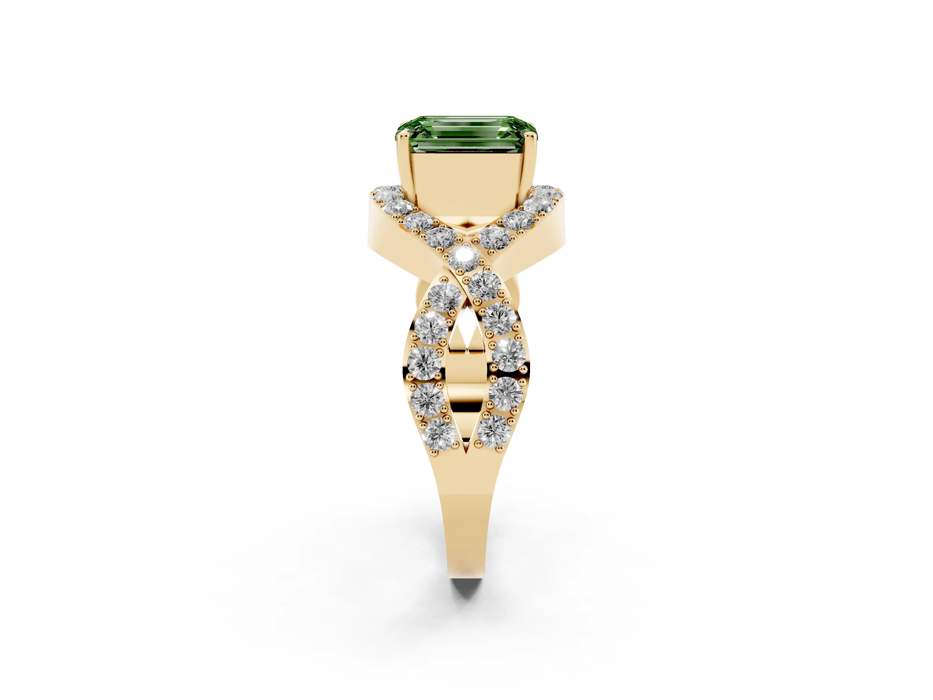 Fancy Green Emerald Cut Diamond Solitaire Twist Band Pavé Engagement Ring Set in Yellow gold