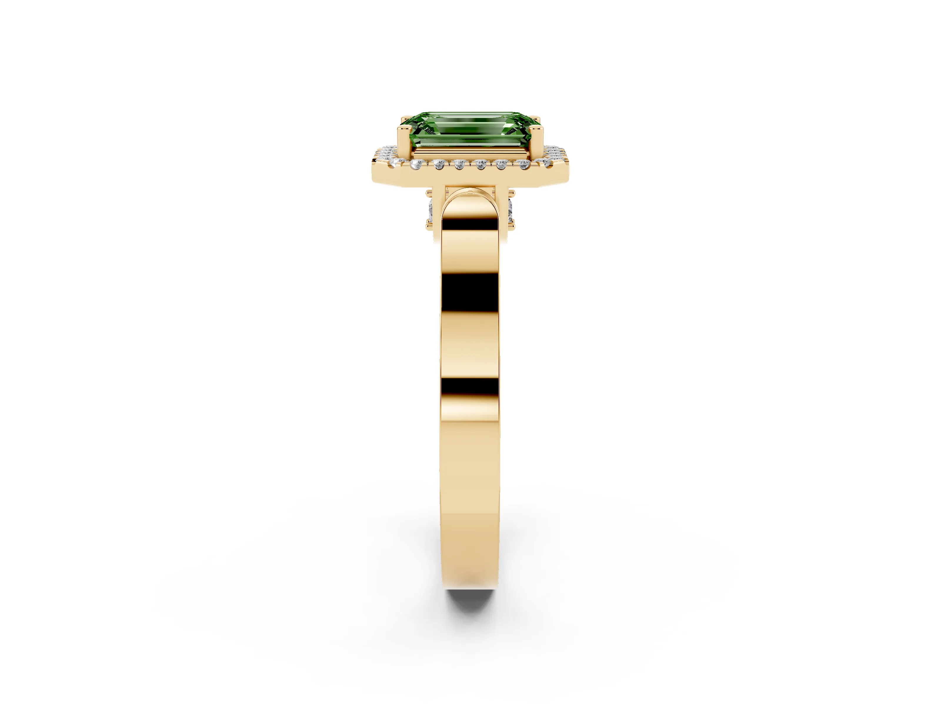 Fancy Green Emerald Cut Diamond Halo Ring Set in Yellow gold with Pavé-Lined Split Shank Band